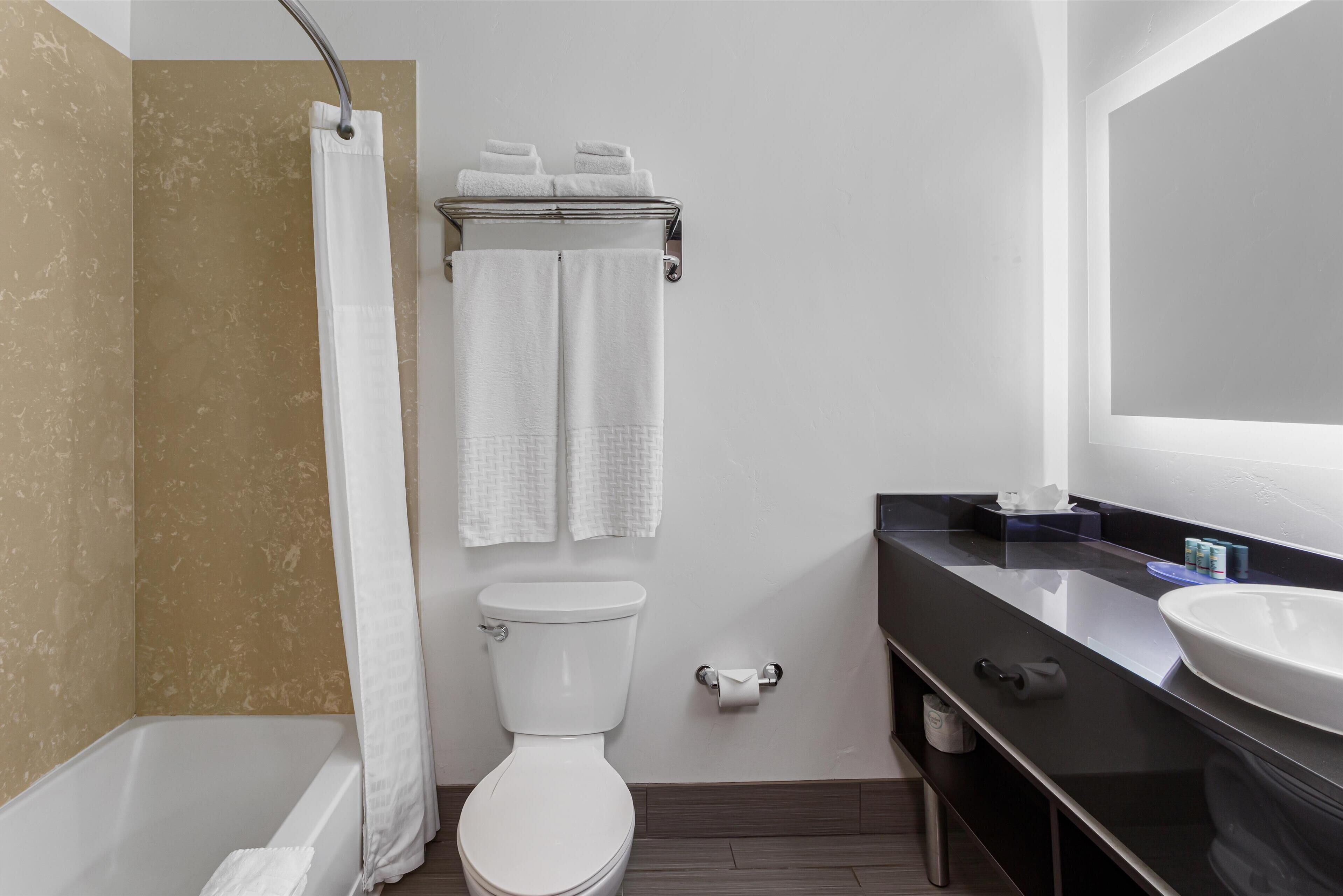 combined shower/bathtub, hair dryer, towels