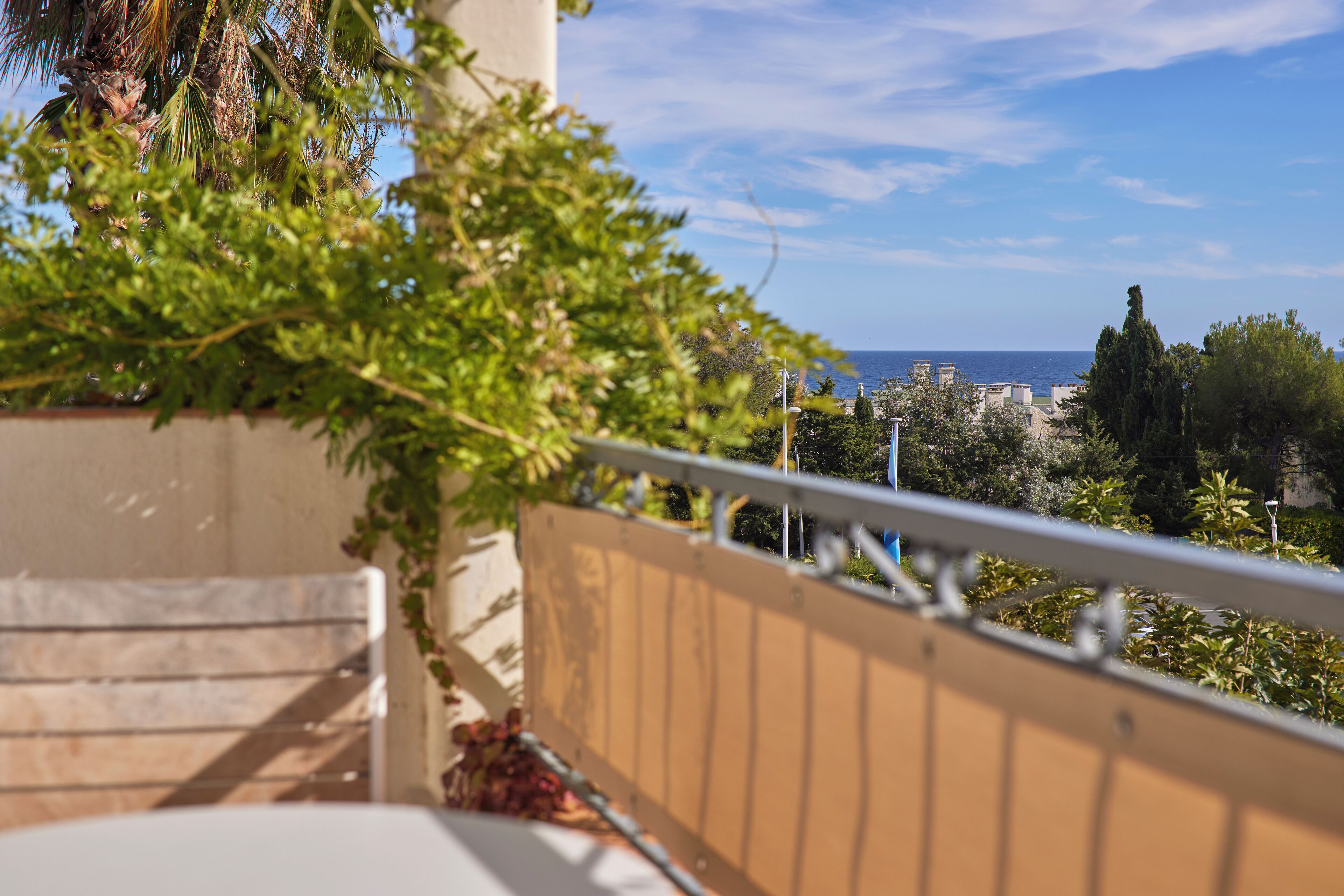 Un balcon avec vue sur la mer, une balustrade et quelques plantes.