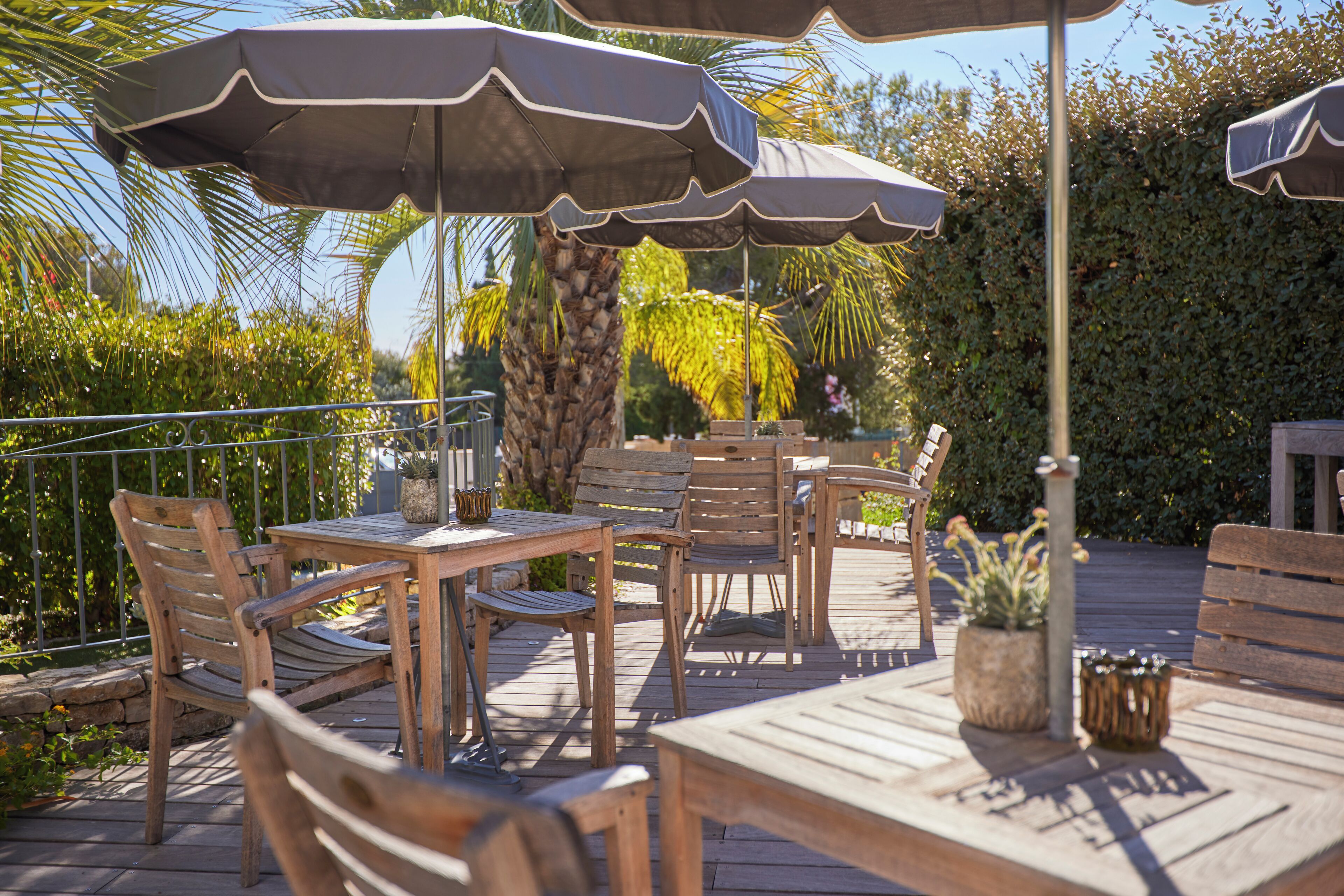 A wooden deck with tables and chairs, surrounded by lush greenery and a palm tree.