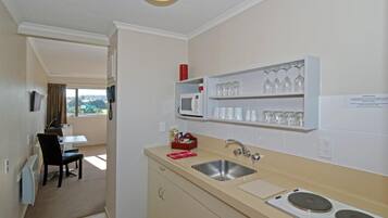 Fridge, microwave, stovetop, cookware/dishes/utensils