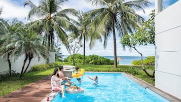Outdoor pool, pool umbrellas, pool loungers