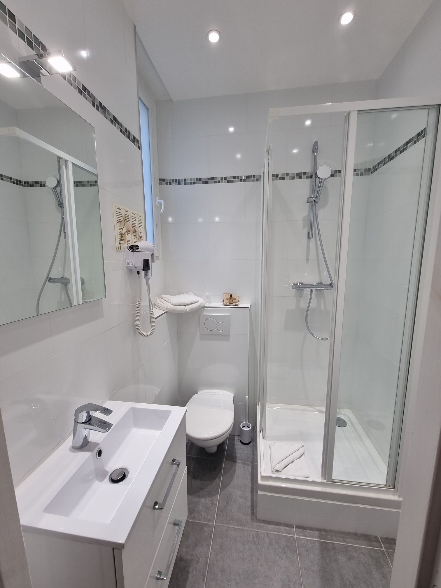 A modern bathroom with a glass-enclosed shower, a white sink, and a toilet.