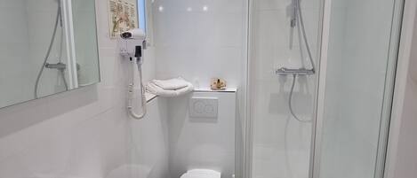 A modern bathroom with a glass-enclosed shower, a white sink, and a toilet.