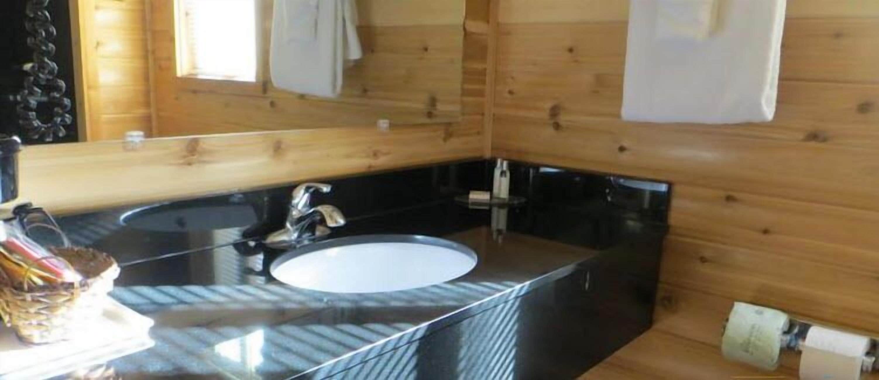 A wooden cabin bathroom with a black sink and mirror.
