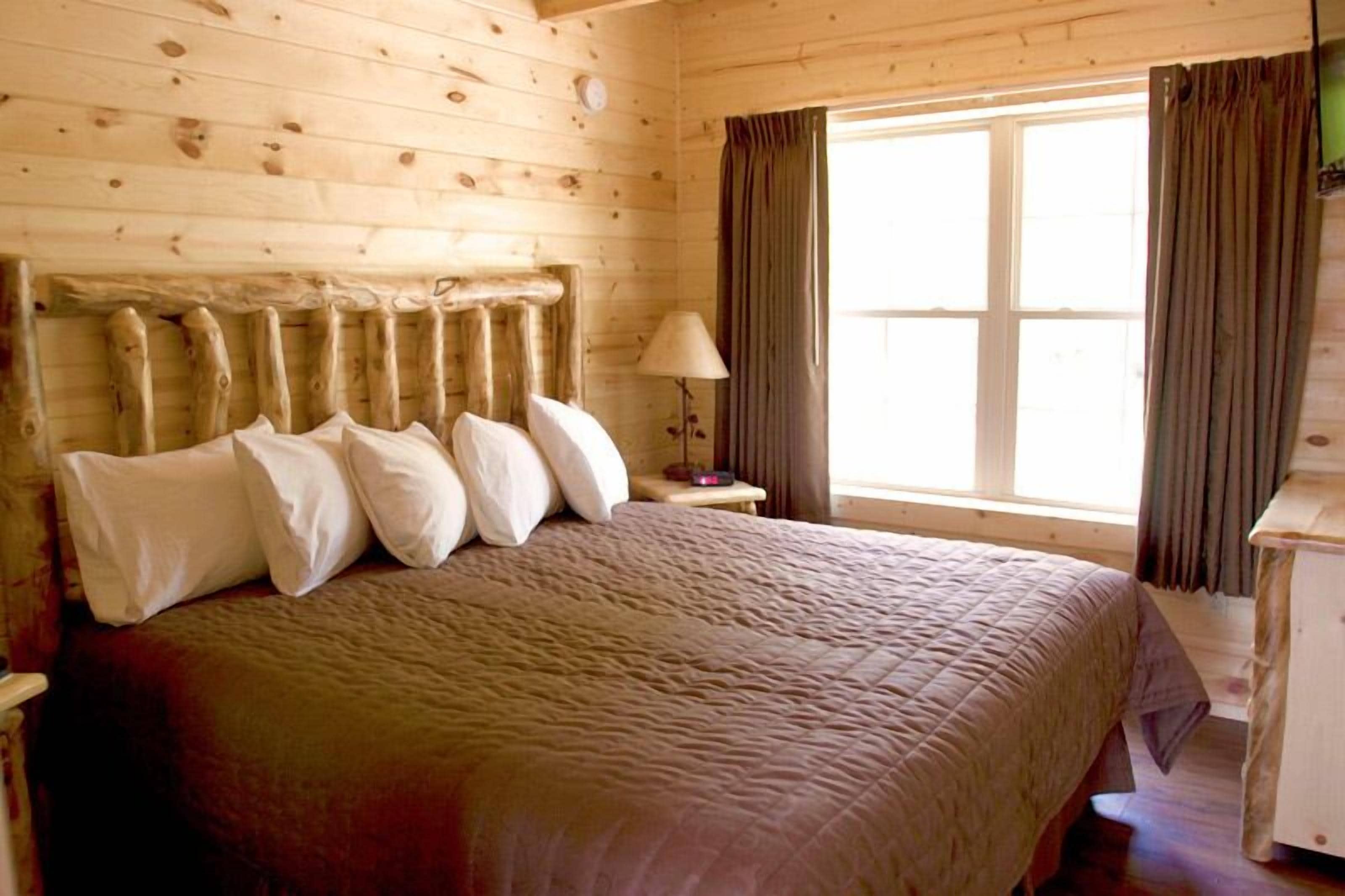 A wooden cabin room with a large bed, a nightstand, a lamp, and a window with curtains.