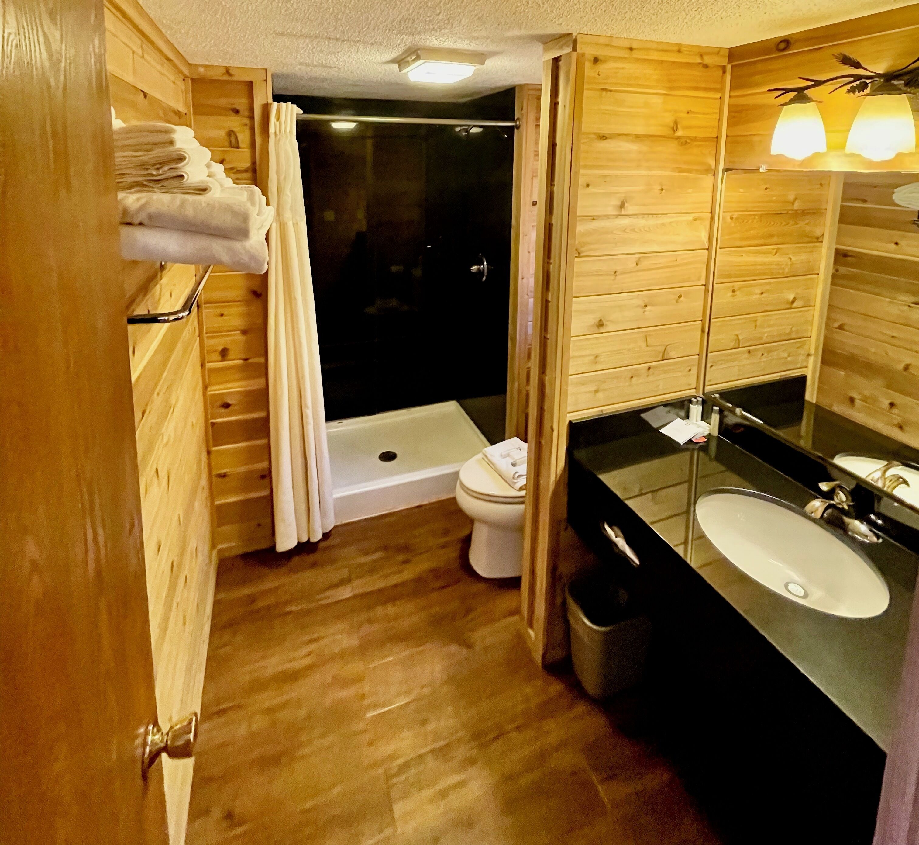 A wooden cabin bathroom with a shower, toilet, and sink.