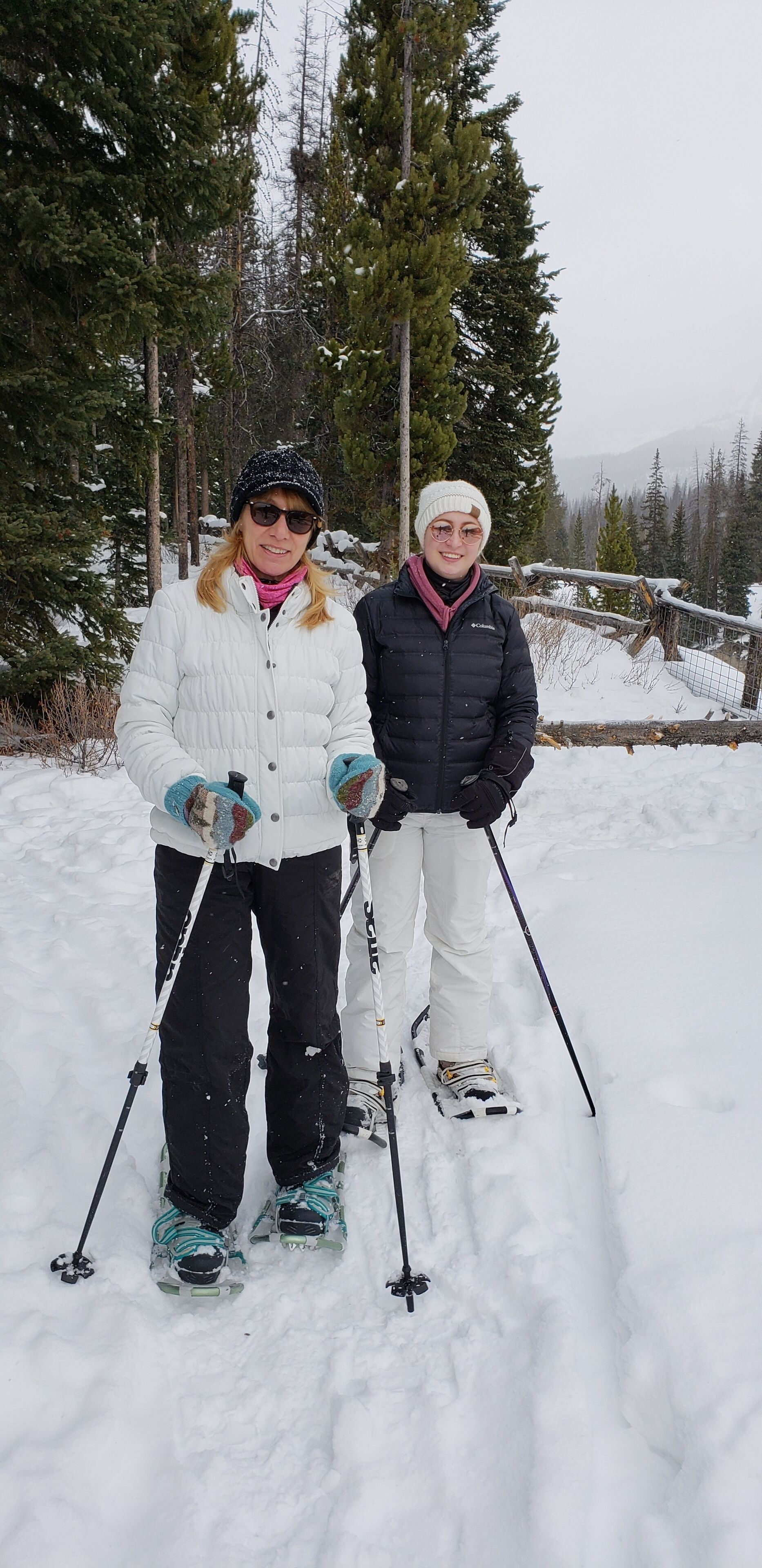 Two people skiing on a snowy slope with trees in the background.