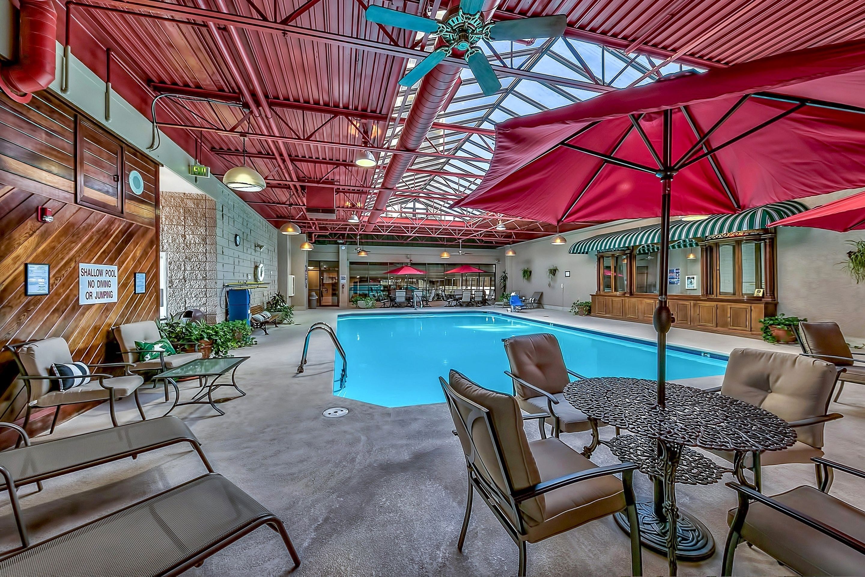 a heated pool, pool loungers