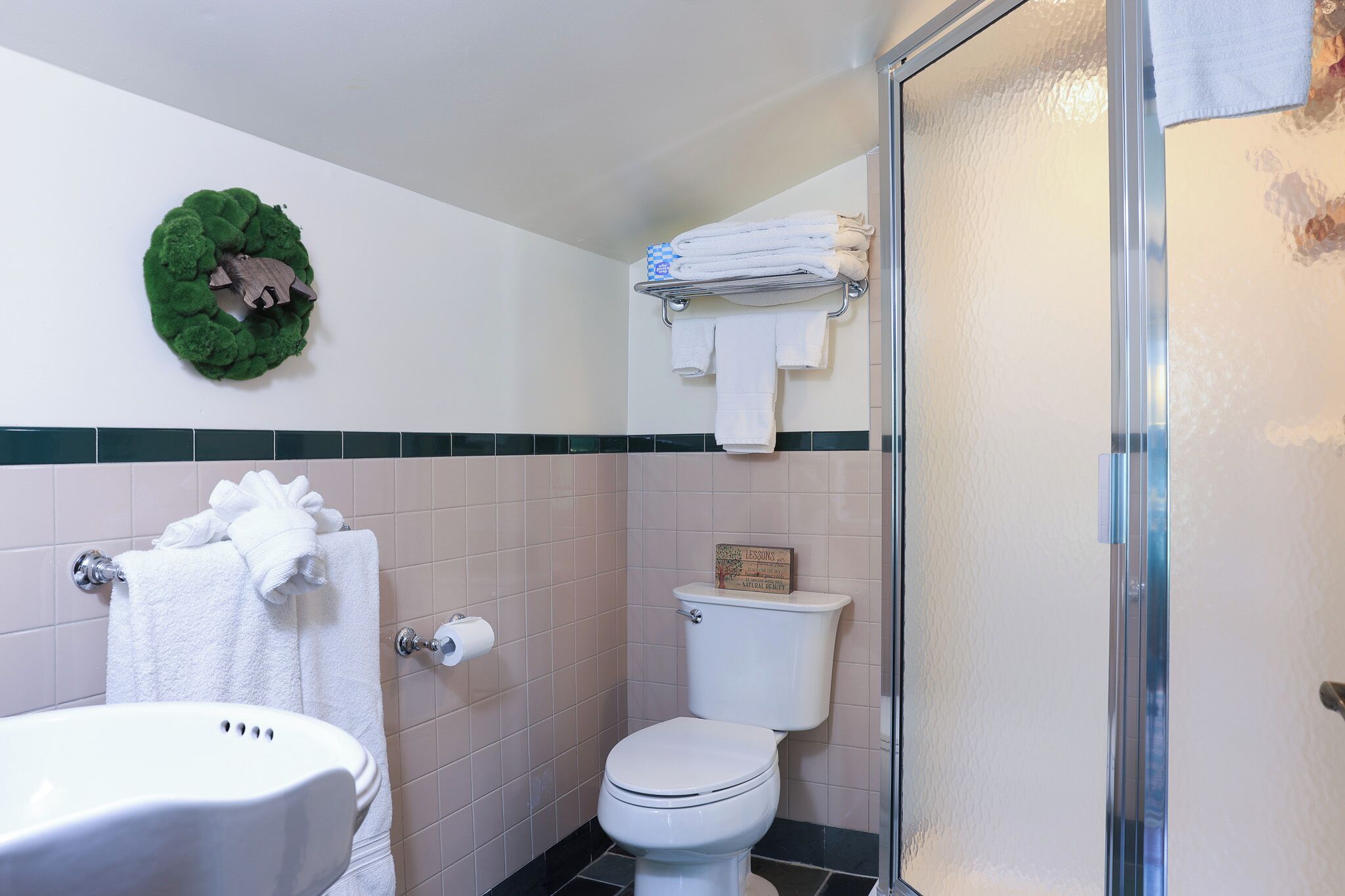 A bathroom with a toilet, sink, and a shower area.