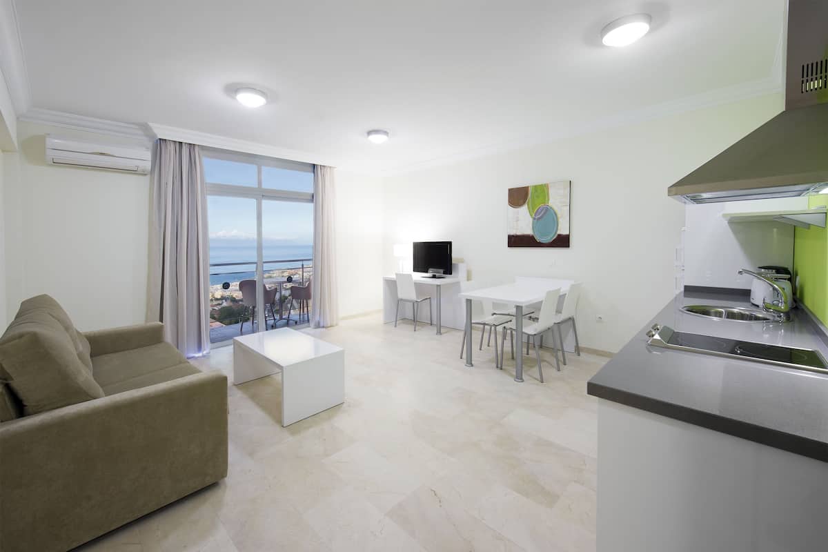 A modern living room with a sofa, a dining area with chairs, a TV, and a kitchen with a sink and stove.