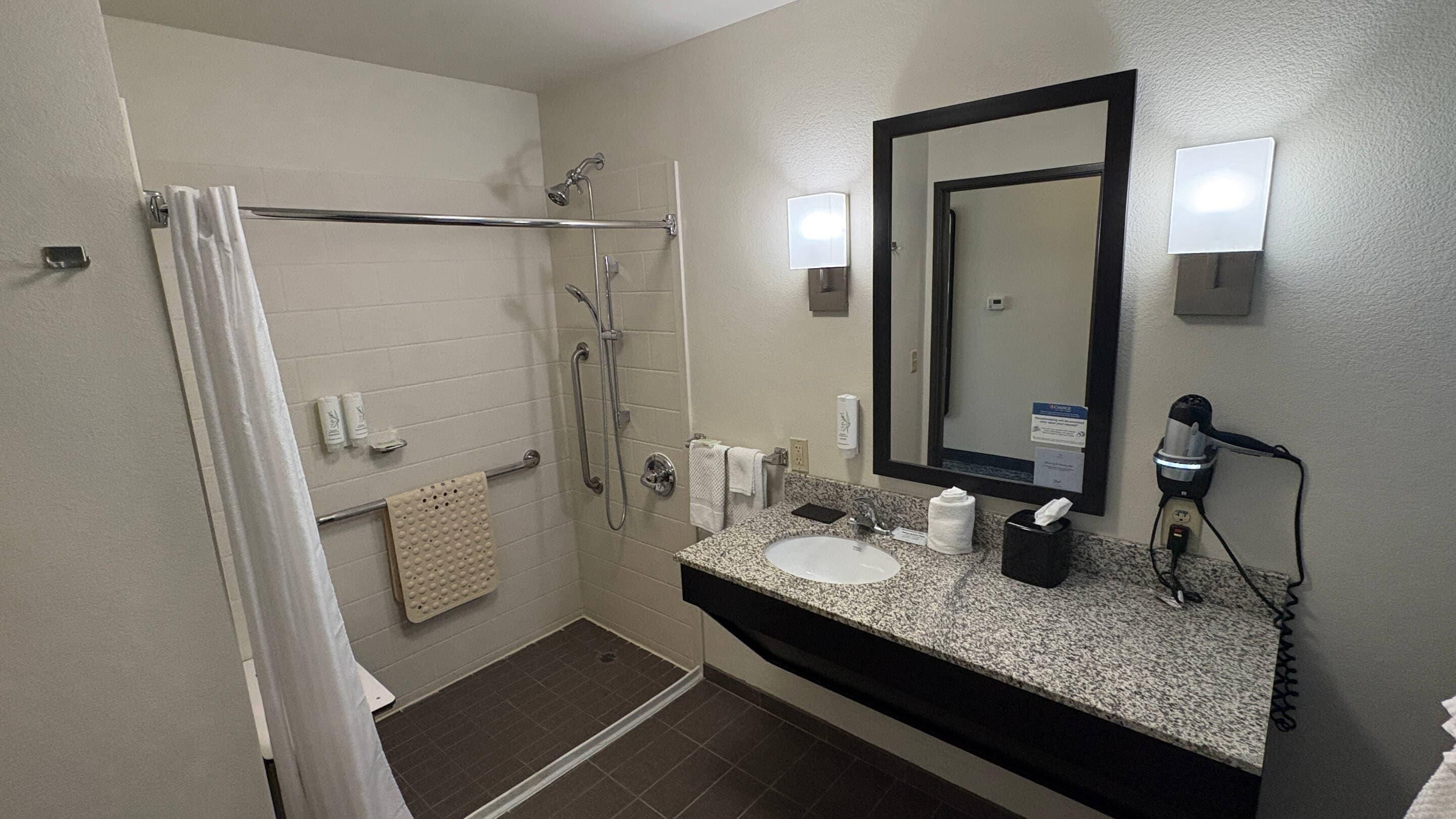 A bathroom with a shower, a sink, a mirror, and a hairdryer.
