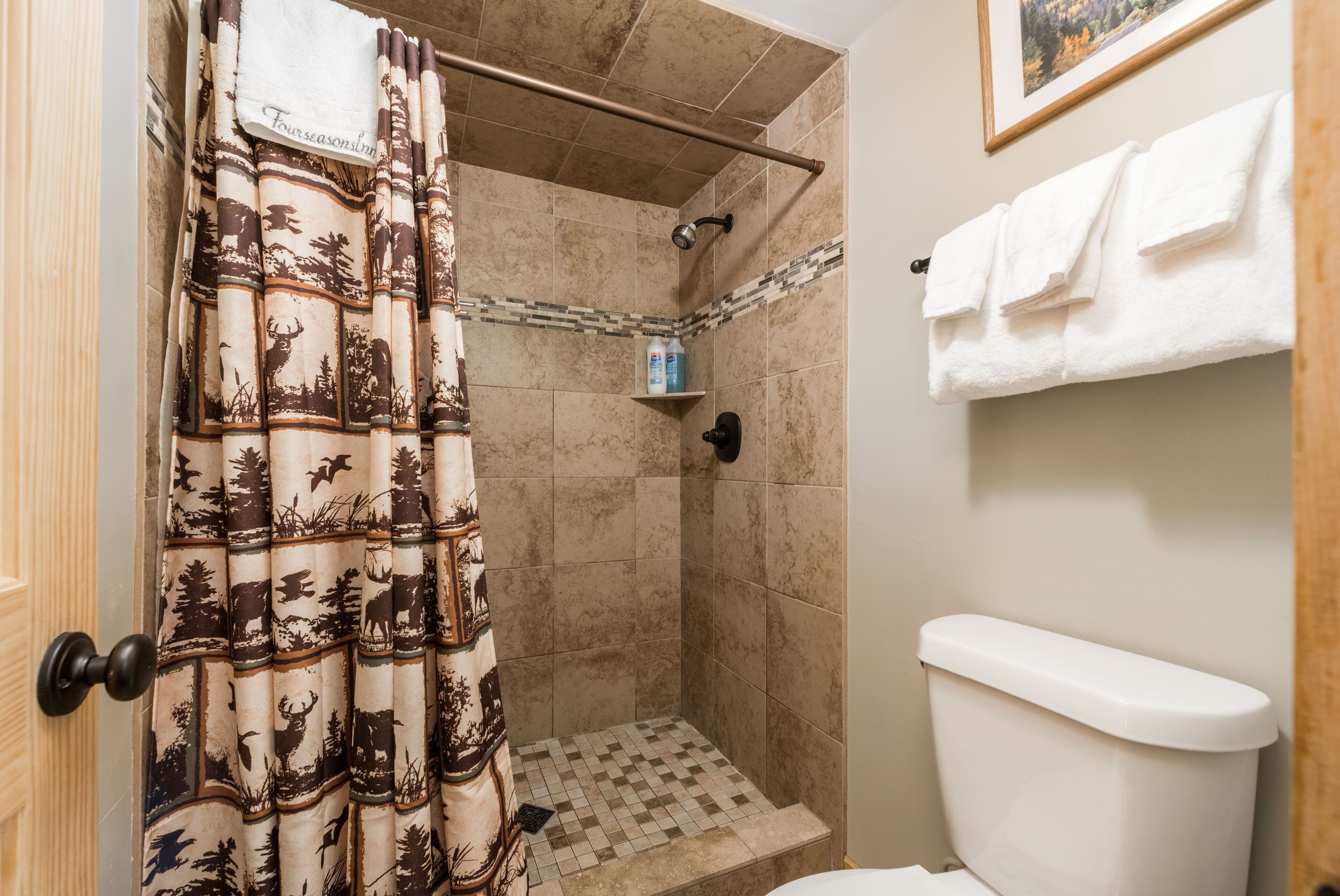 A bathroom with a shower area, a toilet, and a towel rack.