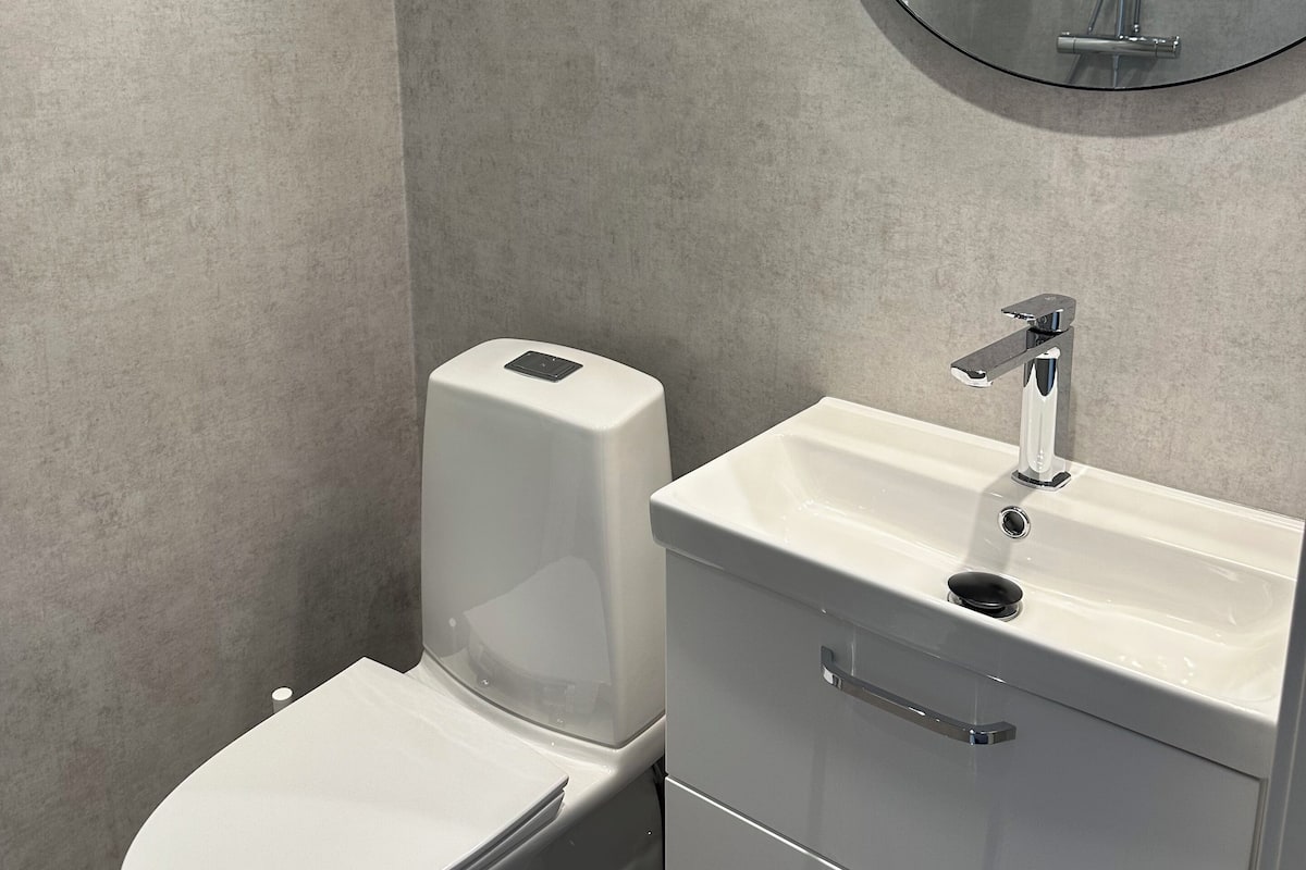 A bathroom with a toilet, a sink, and a mirror.