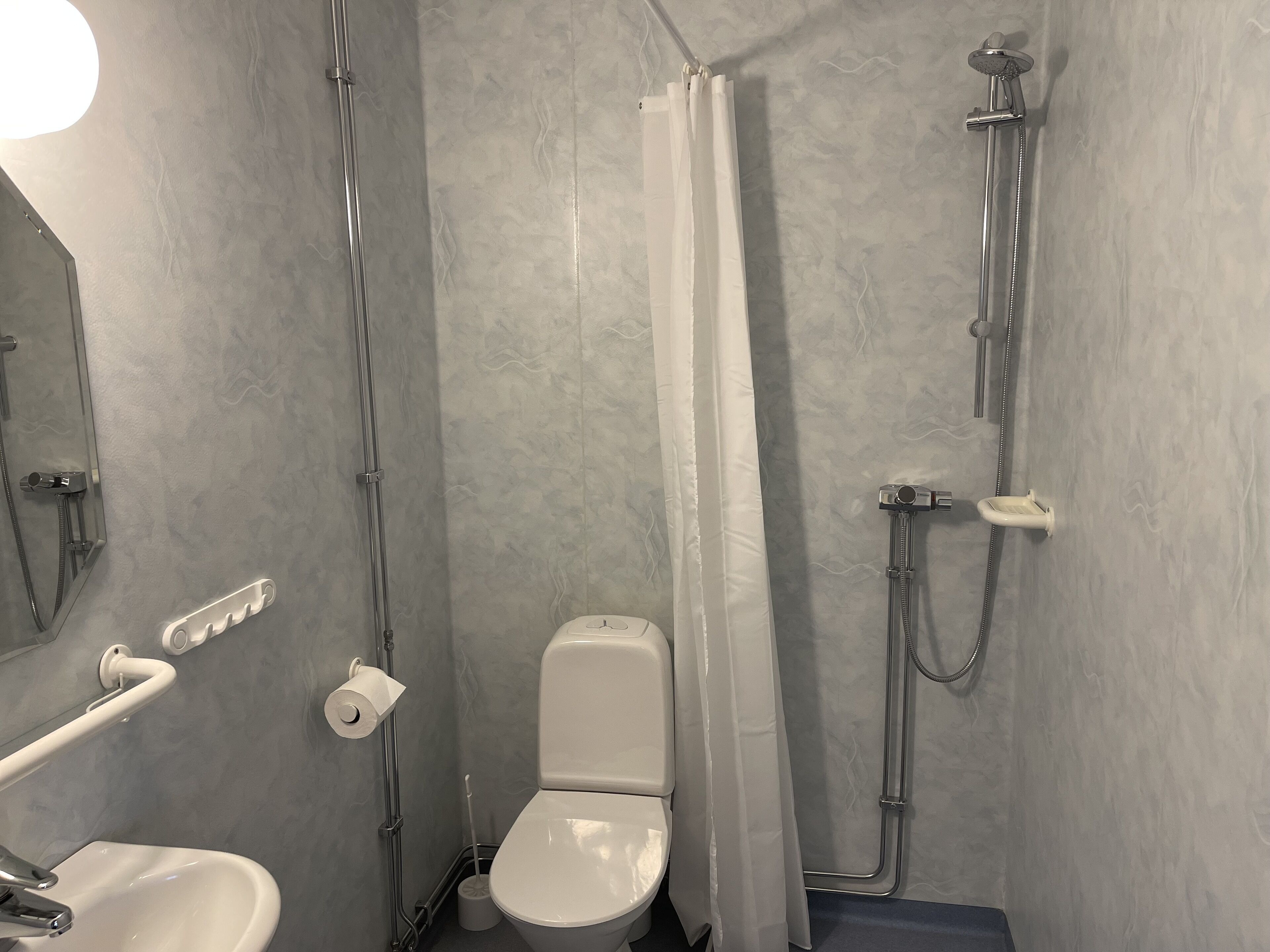 family room | bathroom | shower, hair dryer, towels