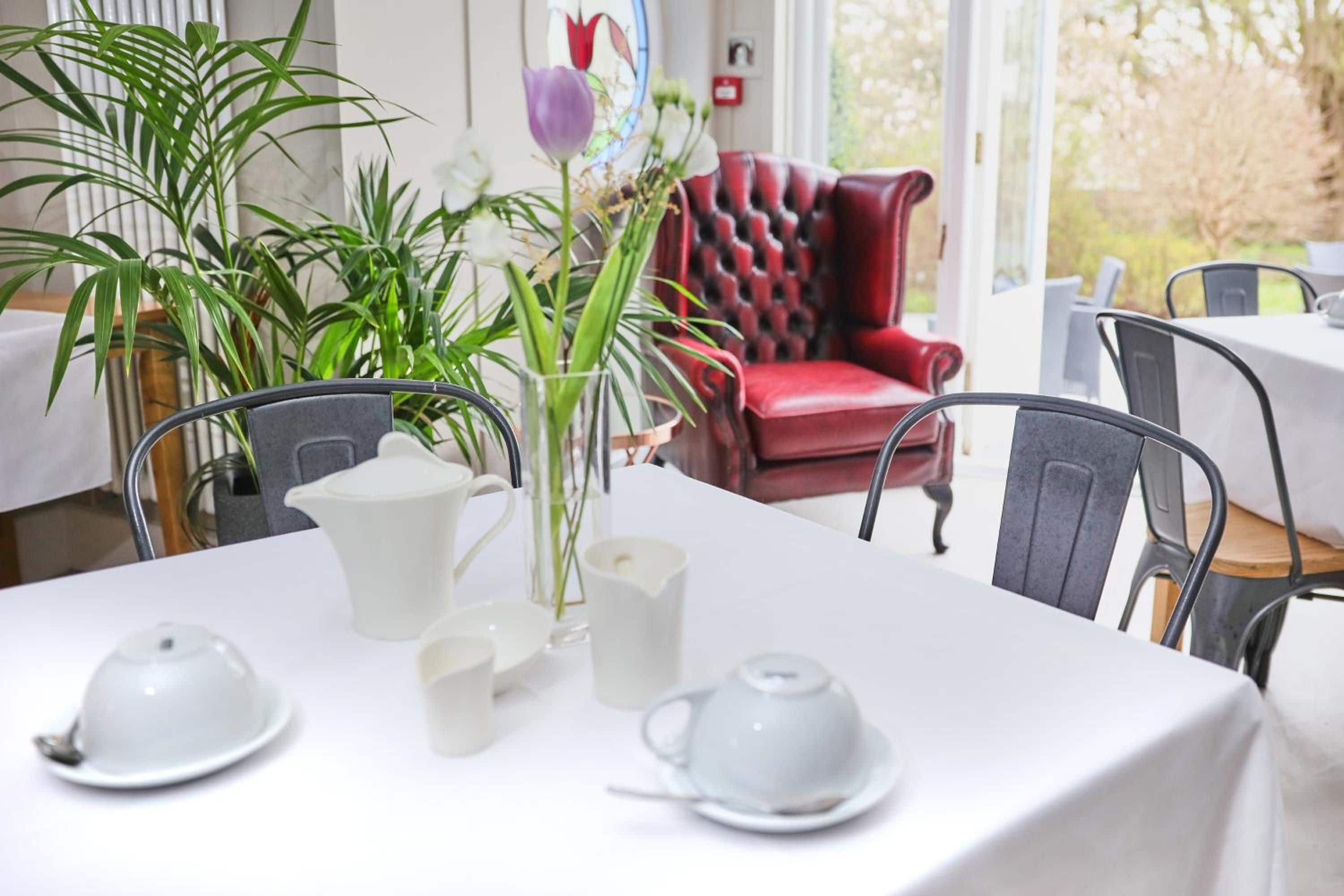 Un coin repas avec une table dressée pour le thé, entourée de chaises, d’un fauteuil rouge à revêtement en tissu et de plantes en pot.