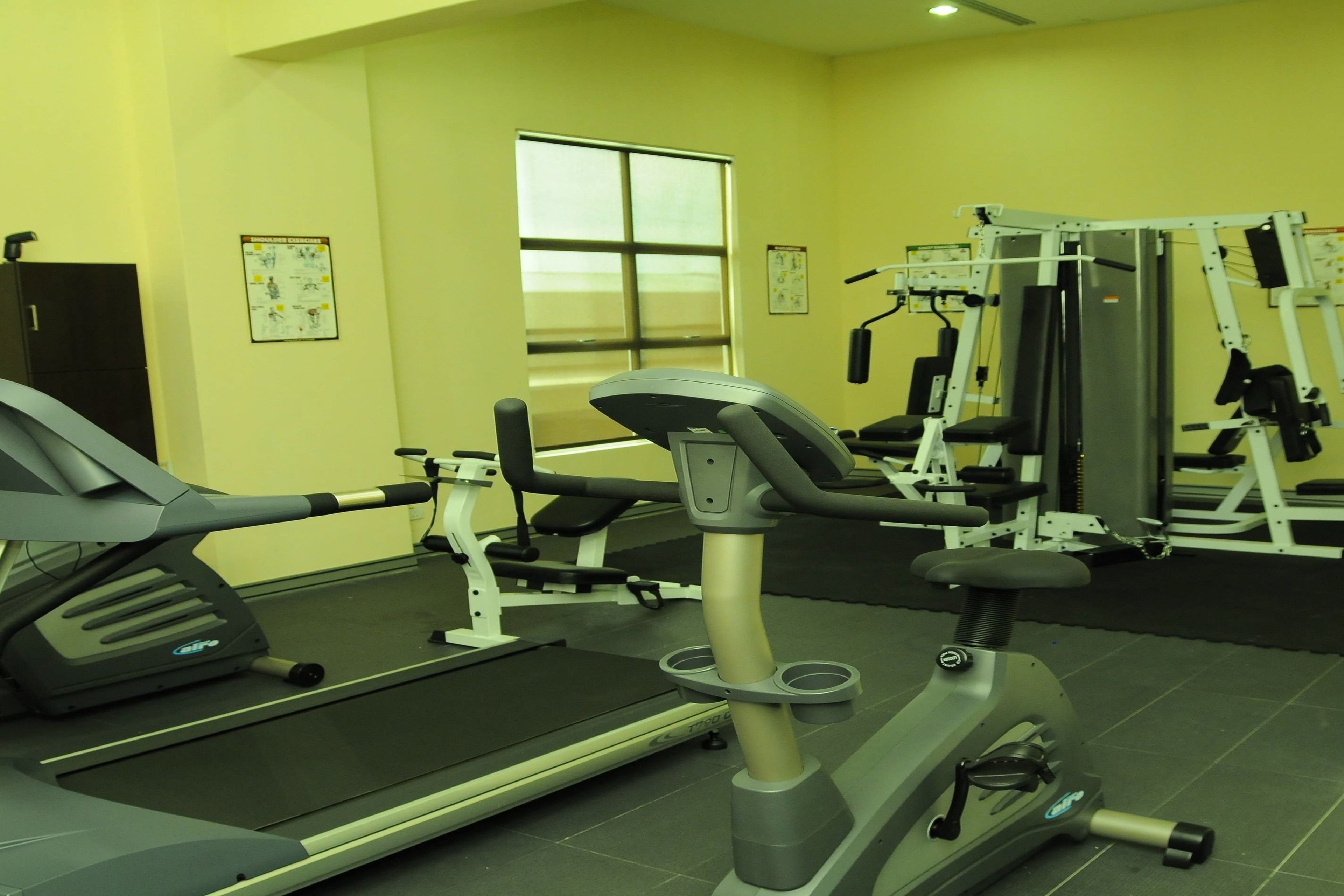 Un gimnasio con cinta de correr, máquinas de pesas y un ventanal.