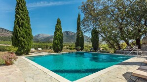 Une piscine rectangulaire bordée de pierres, entourée de plantes en pot et d’arbres, avec un paysage montagneux en toile de fond.
