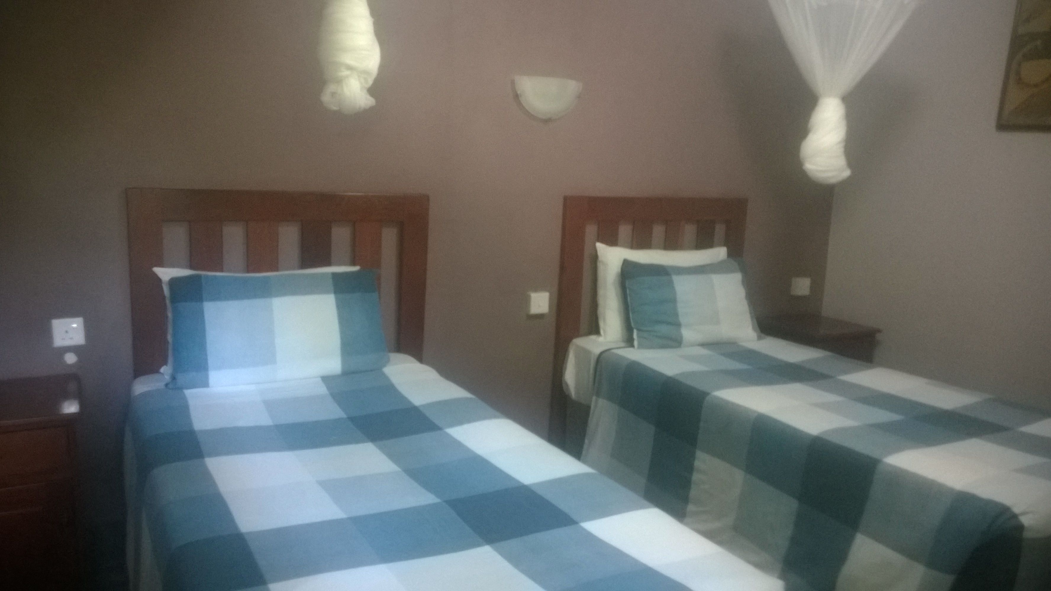 Two single beds with checkered bedding, wooden headboards, bedside tables, and wall-mounted lamps.