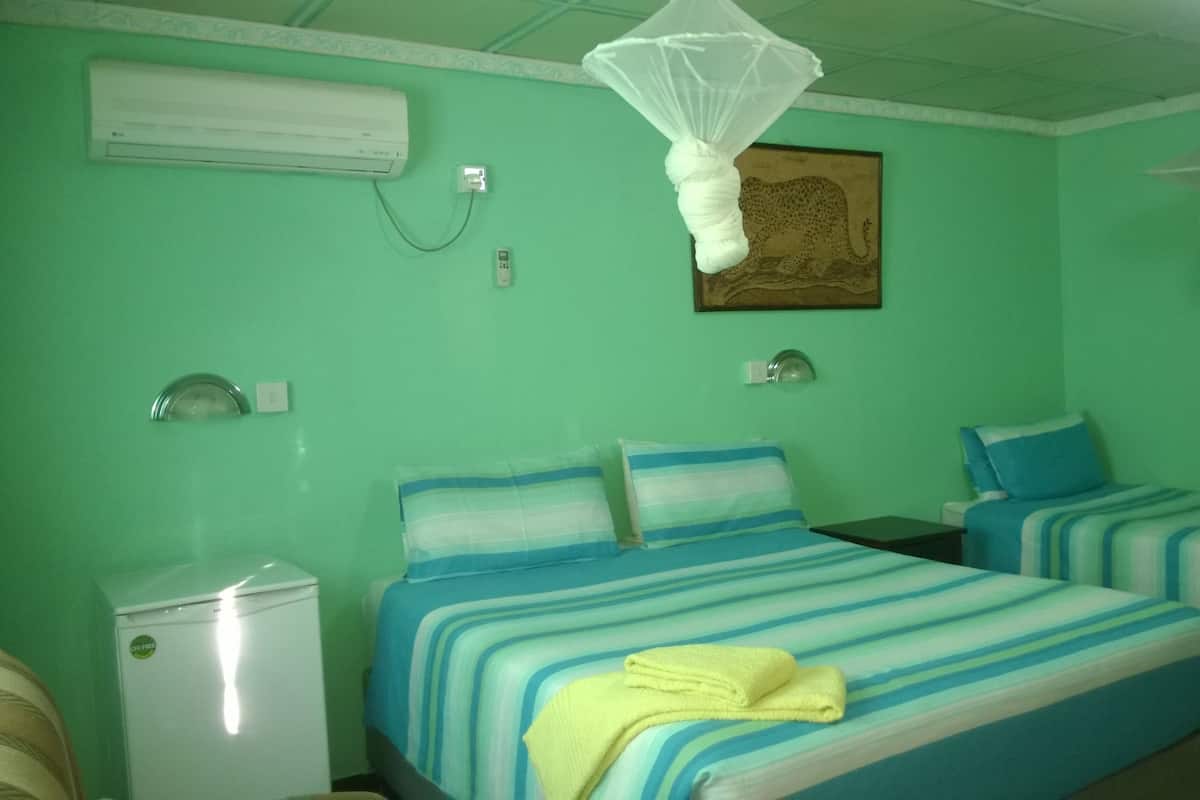 A room with two beds, a small bedside table, a nightstand, a wall-mounted air conditioner, a power outlet, and a mosquito net above one bed.
