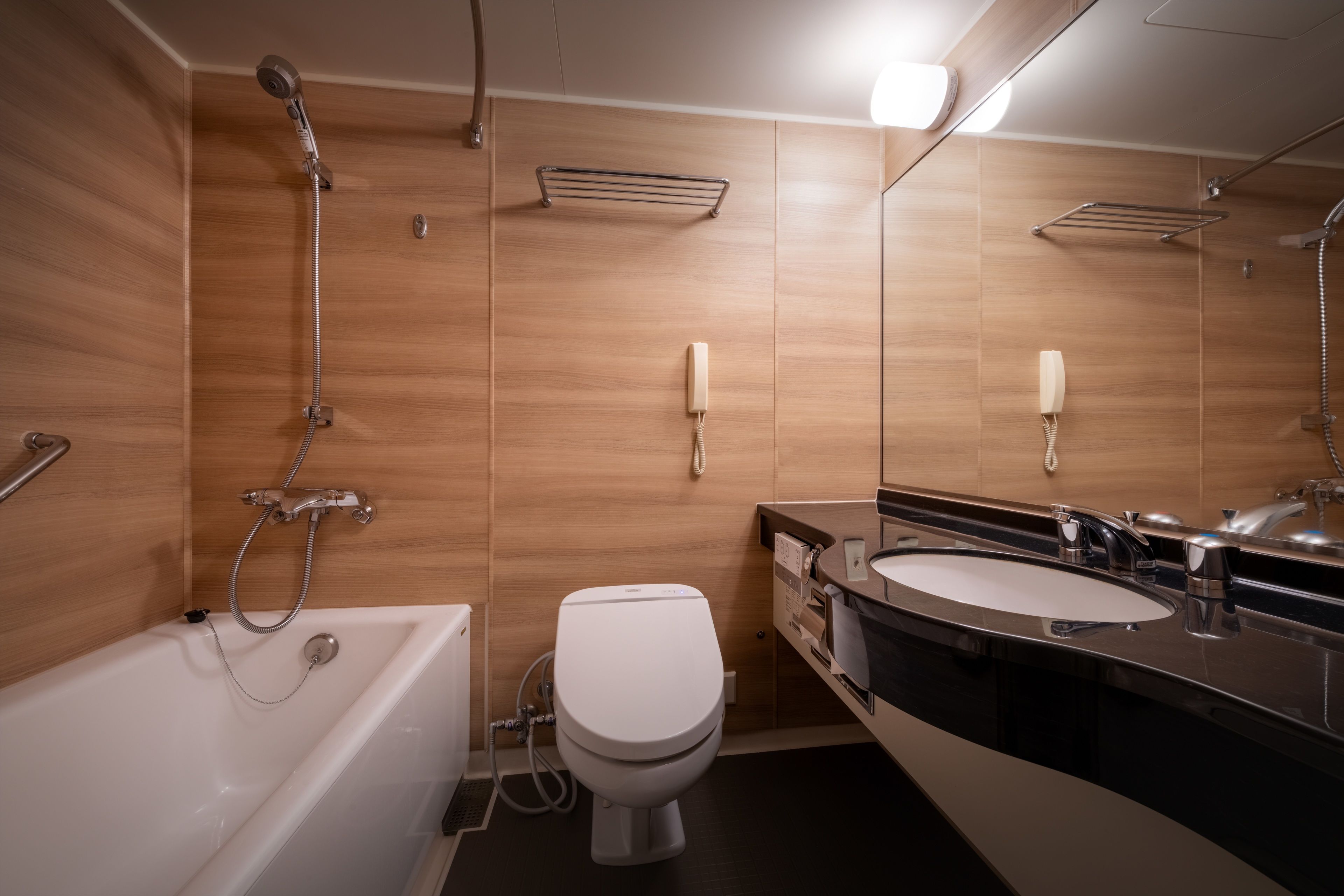 combined shower/bathtub, free toiletries, hair dryer, slippers