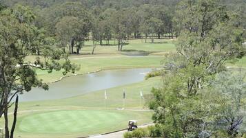 A golf course with a pond, trees, and a golf cart.