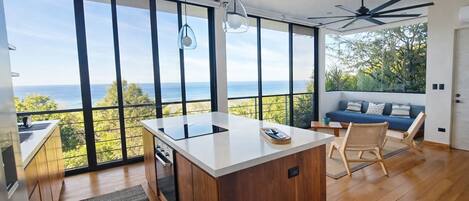 Pacific Suite Apartment | Private kitchen | Stovetop, blender, coffee grinder, freezer