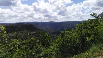 Un paysage montagneux caractérisé par une végétation luxuriante et un ciel dégagé.