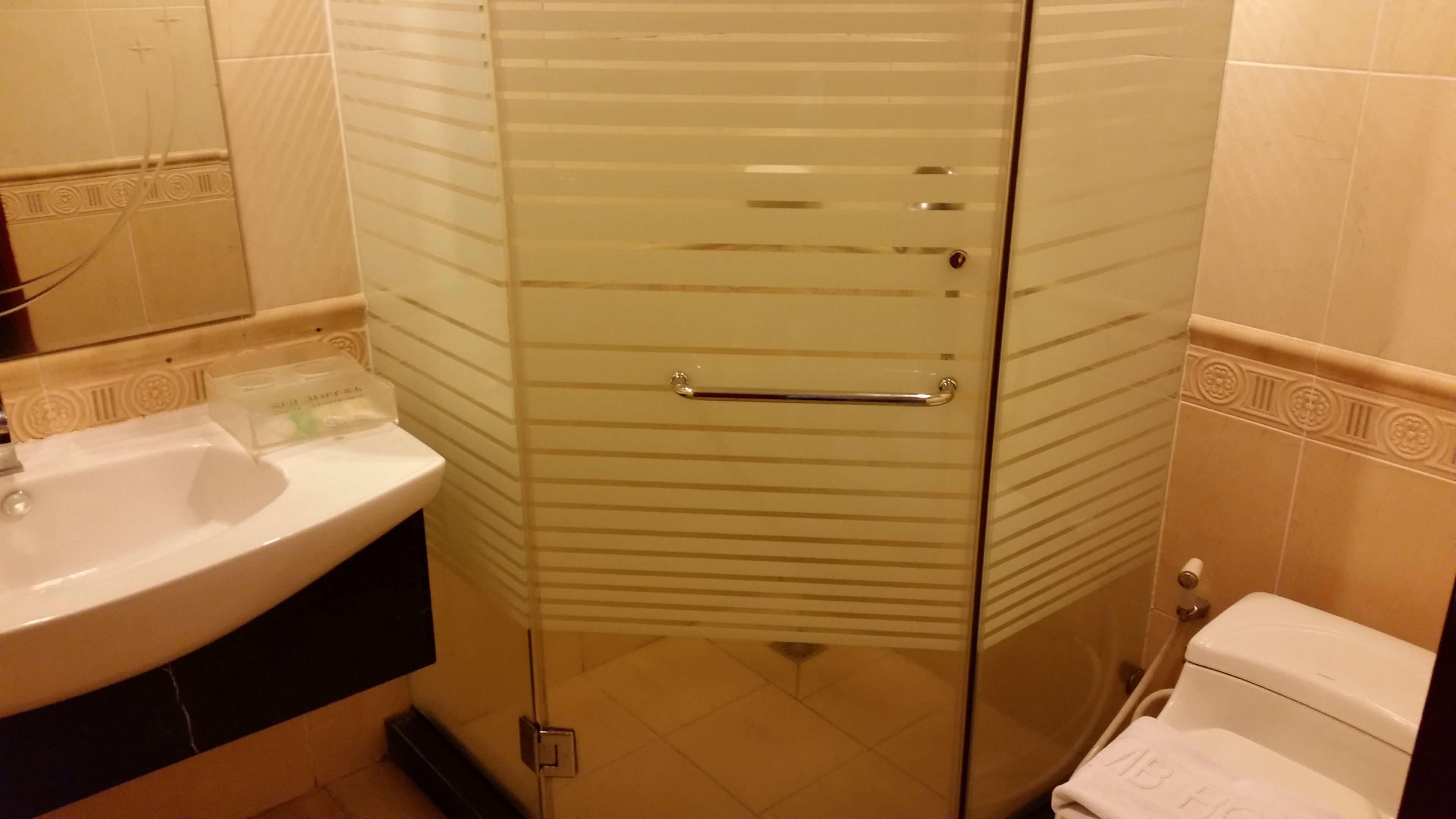 A bathroom with a glass-enclosed shower, a sink, and a toilet.