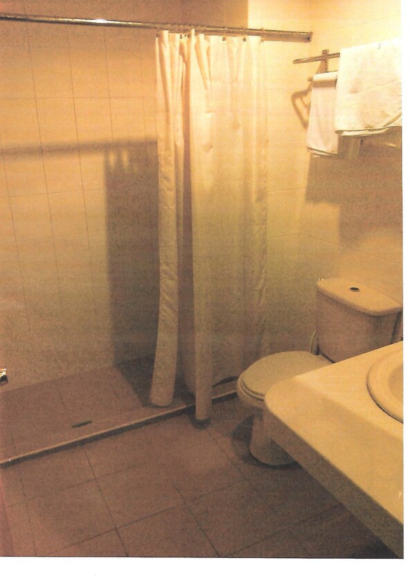 A bathroom with a shower, toilet, and sink.