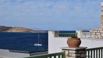 A coastal view with a sailboat on the water, a stone wall, and a potted plant.