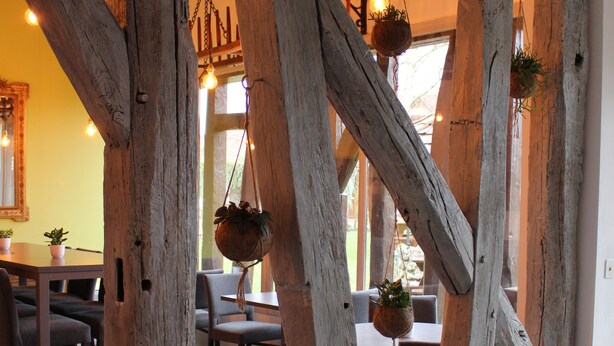 A rustic interior with exposed wooden beams, hanging planters, and a brick wall.