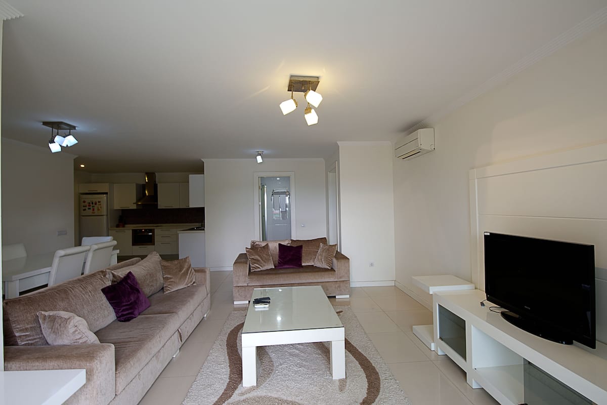 Una sala de estar moderna con un sofá, una mesa de centro y un televisor.