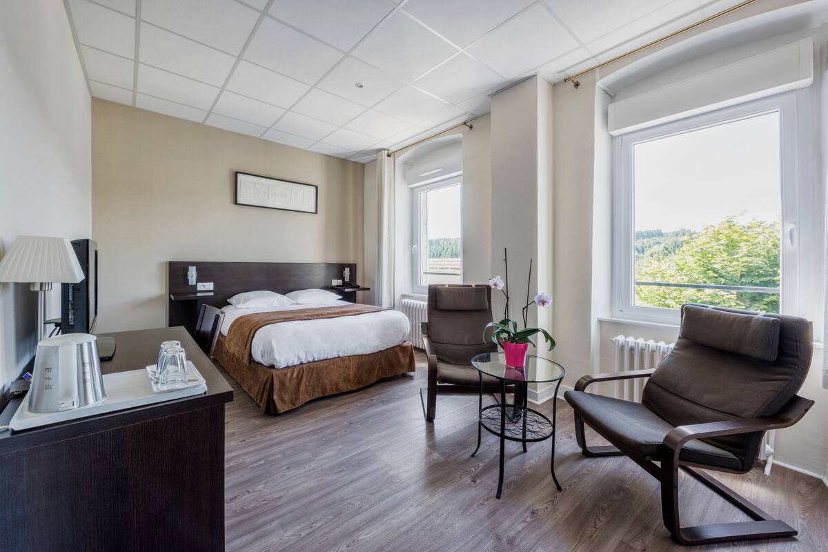Een hotelkamer met een bed, een bureau met een lamp, een stoel, een klein tafeltje met een plant en een groot raam met uitzicht op groen.
