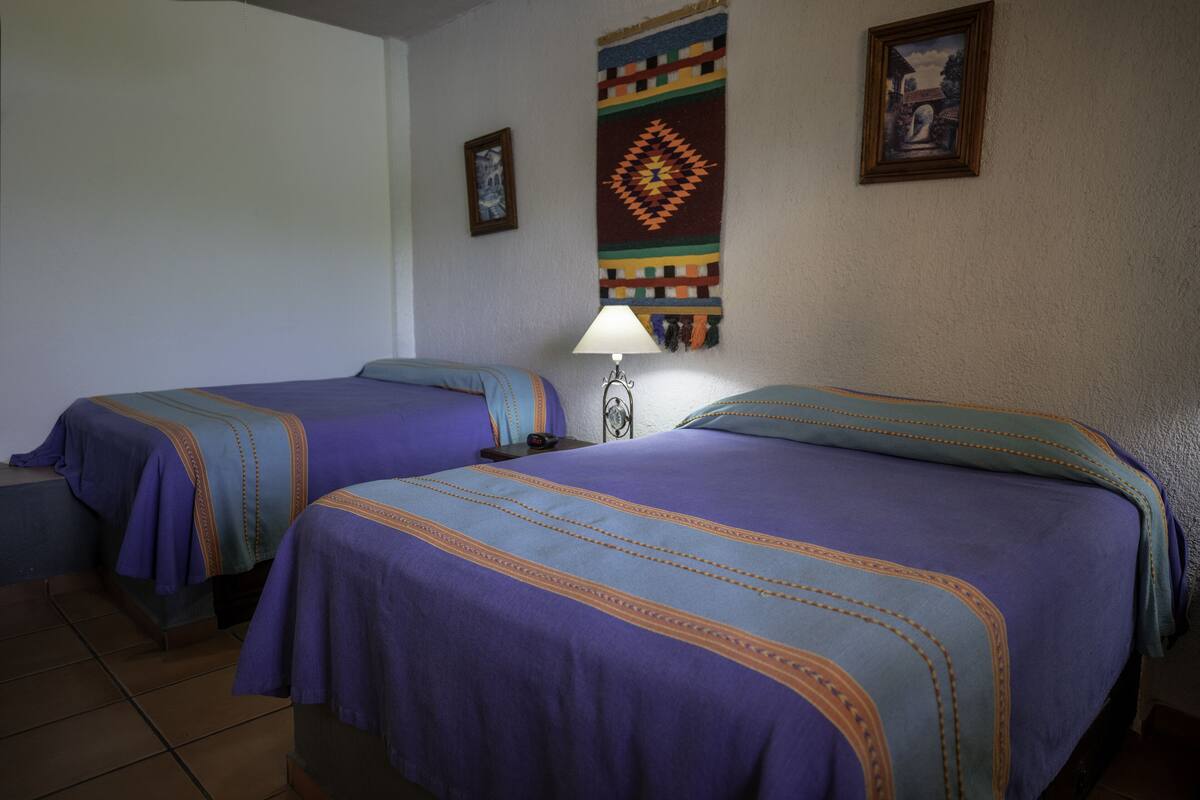 Two beds with purple bedding and decorative pillows, a nightstand with a lamp, and a wall with a hanging tapestry and two framed pictures.