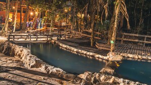 Un área de piscina exterior tranquila, con pasarelas de madera y un borde de piedra, rodeada de abundante vegetación y palmeras.