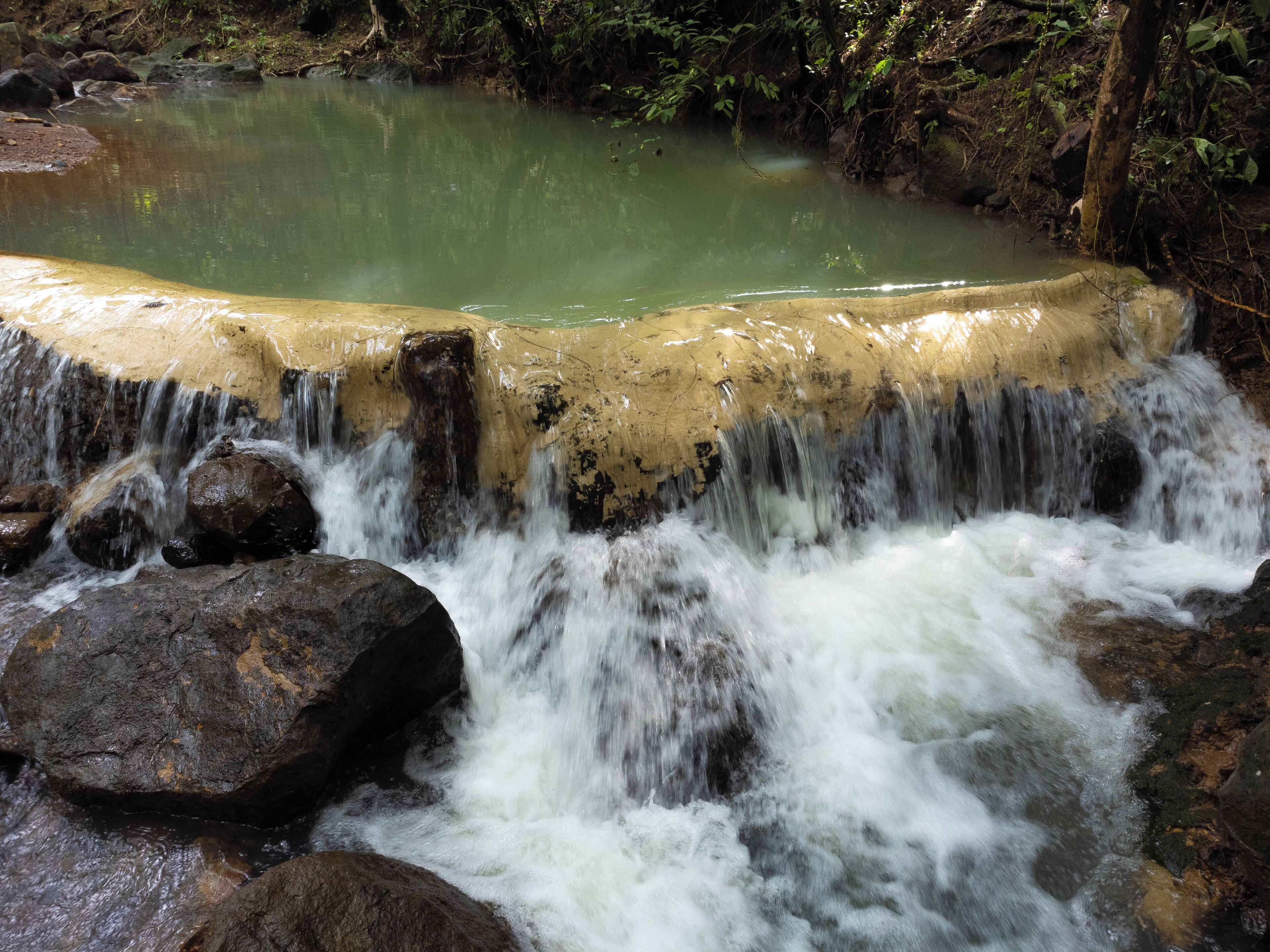 Een waterval stort neer in een helder poeltje, omringd door rotsen en begroeiing.