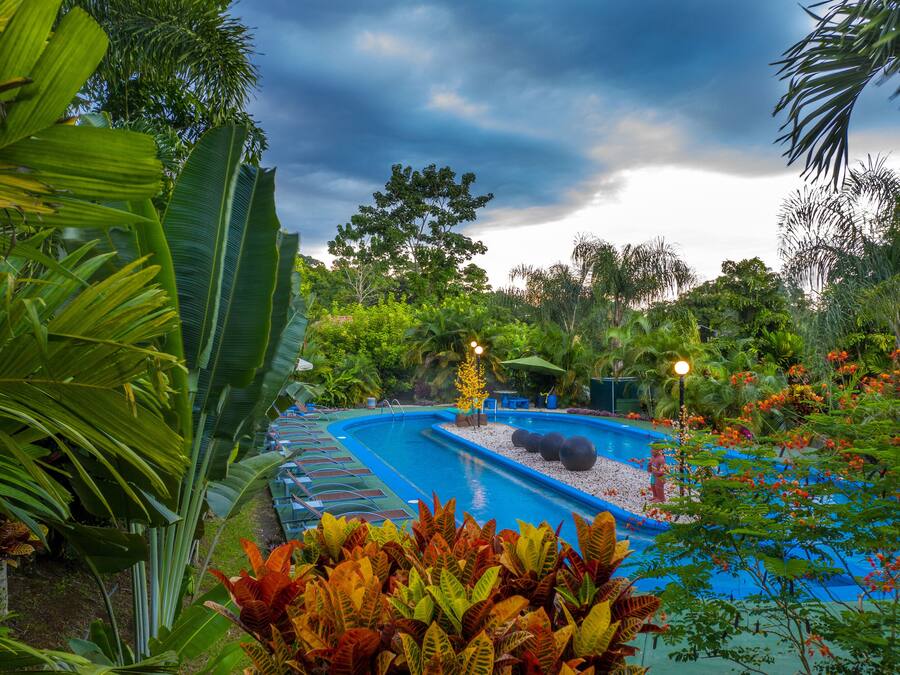 A swimming pool surrounded by tropical plants and a cloudy sky.