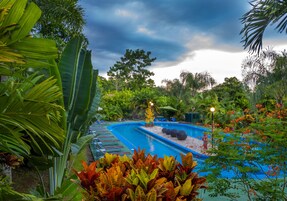 Piscina rodeada de plantas tropicales y un cielo nublado.