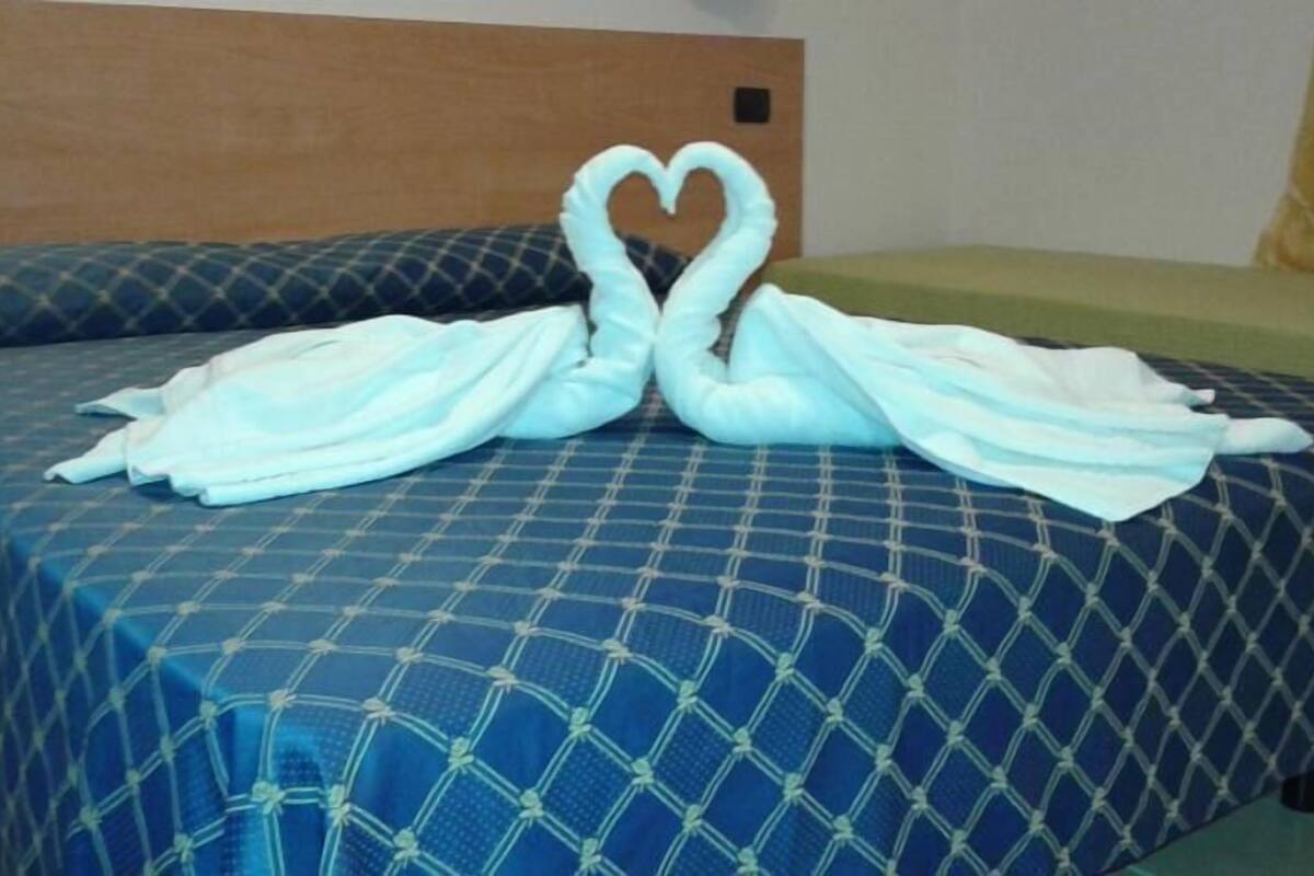 A bed with a blue checkered bedspread and two towels arranged in the shape of swans.