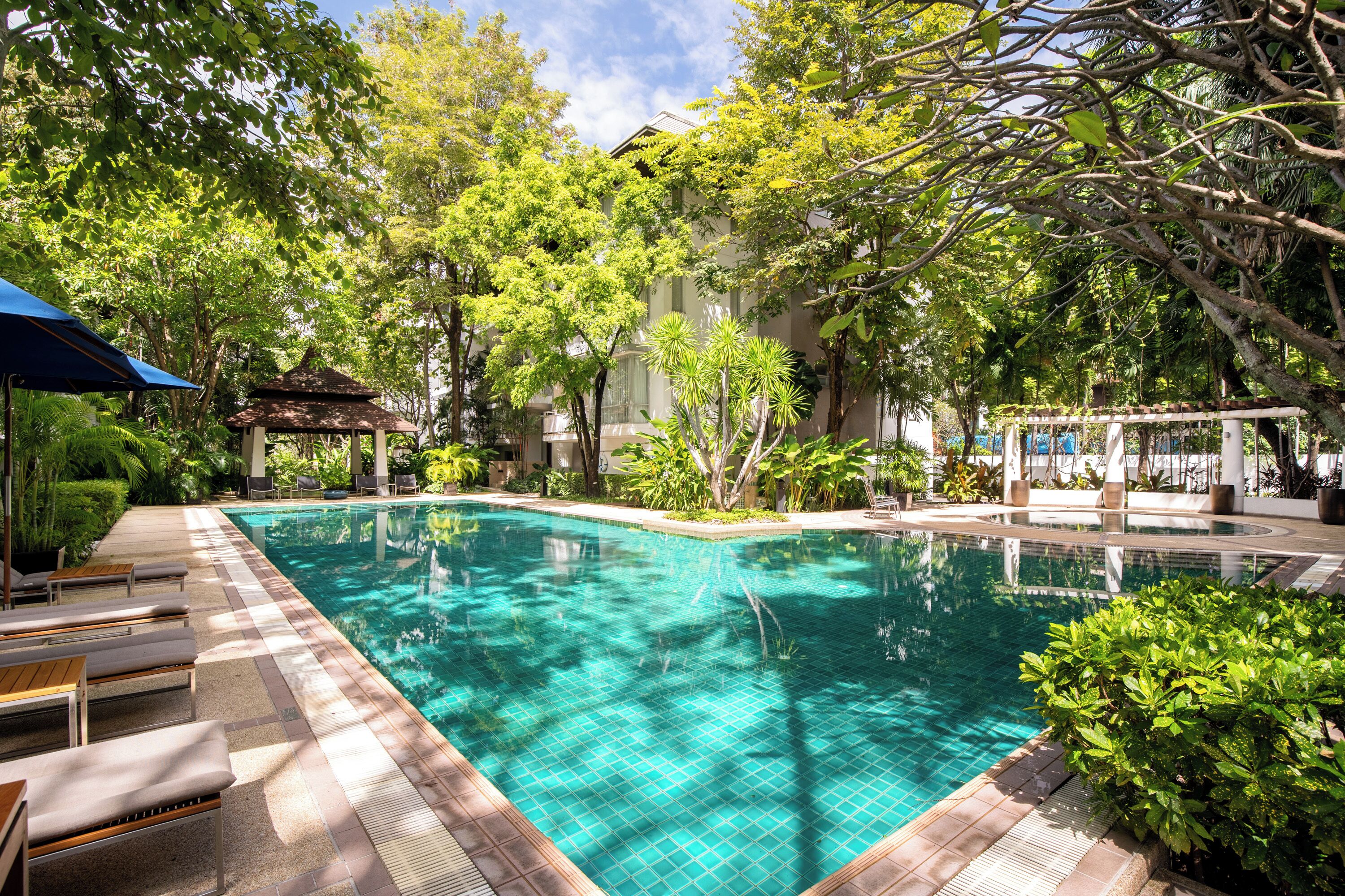A swimming pool surrounded by lush greenery, lounge chairs, and a gazebo.