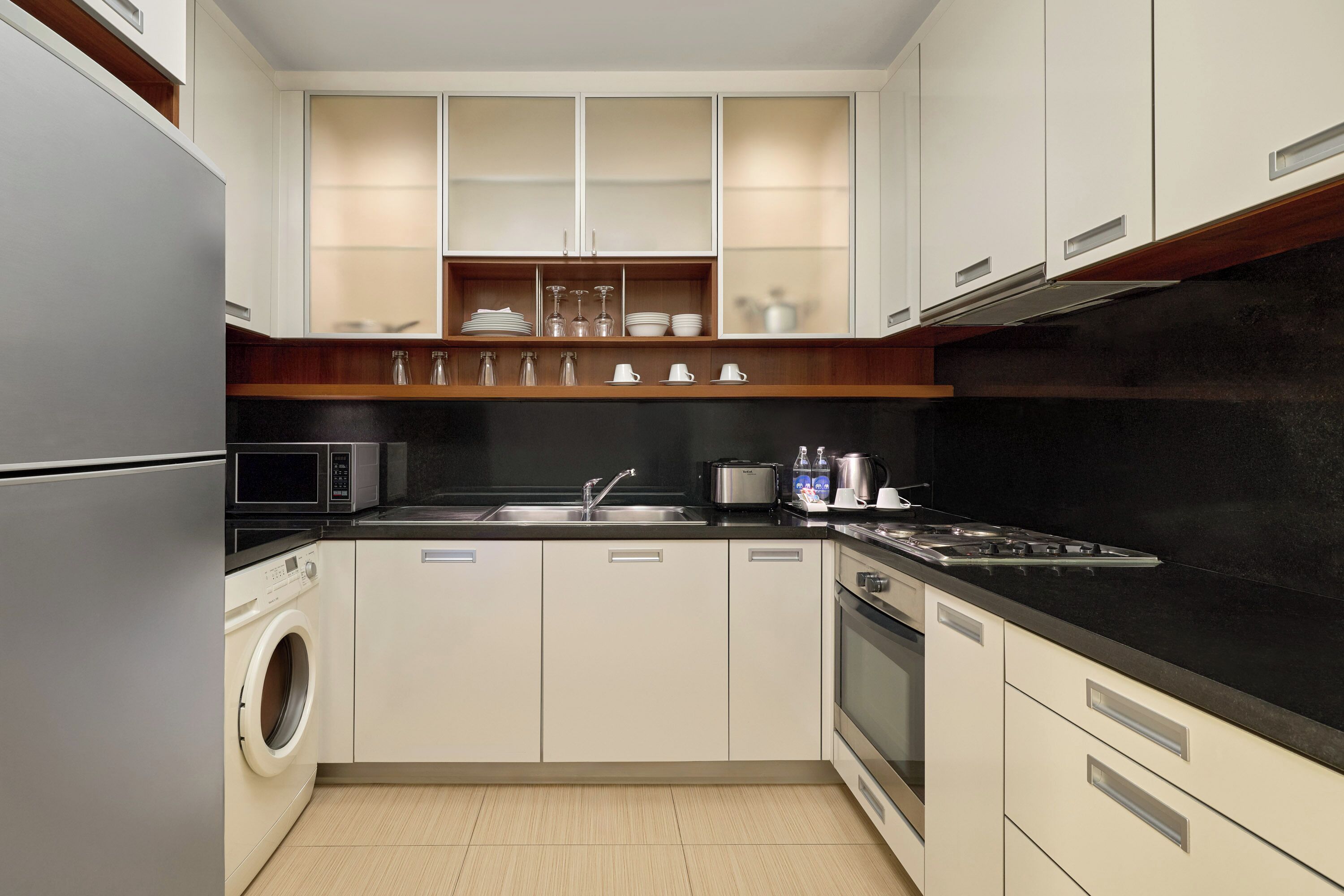 full-sized fridge, microwave, electric kettle, toaster