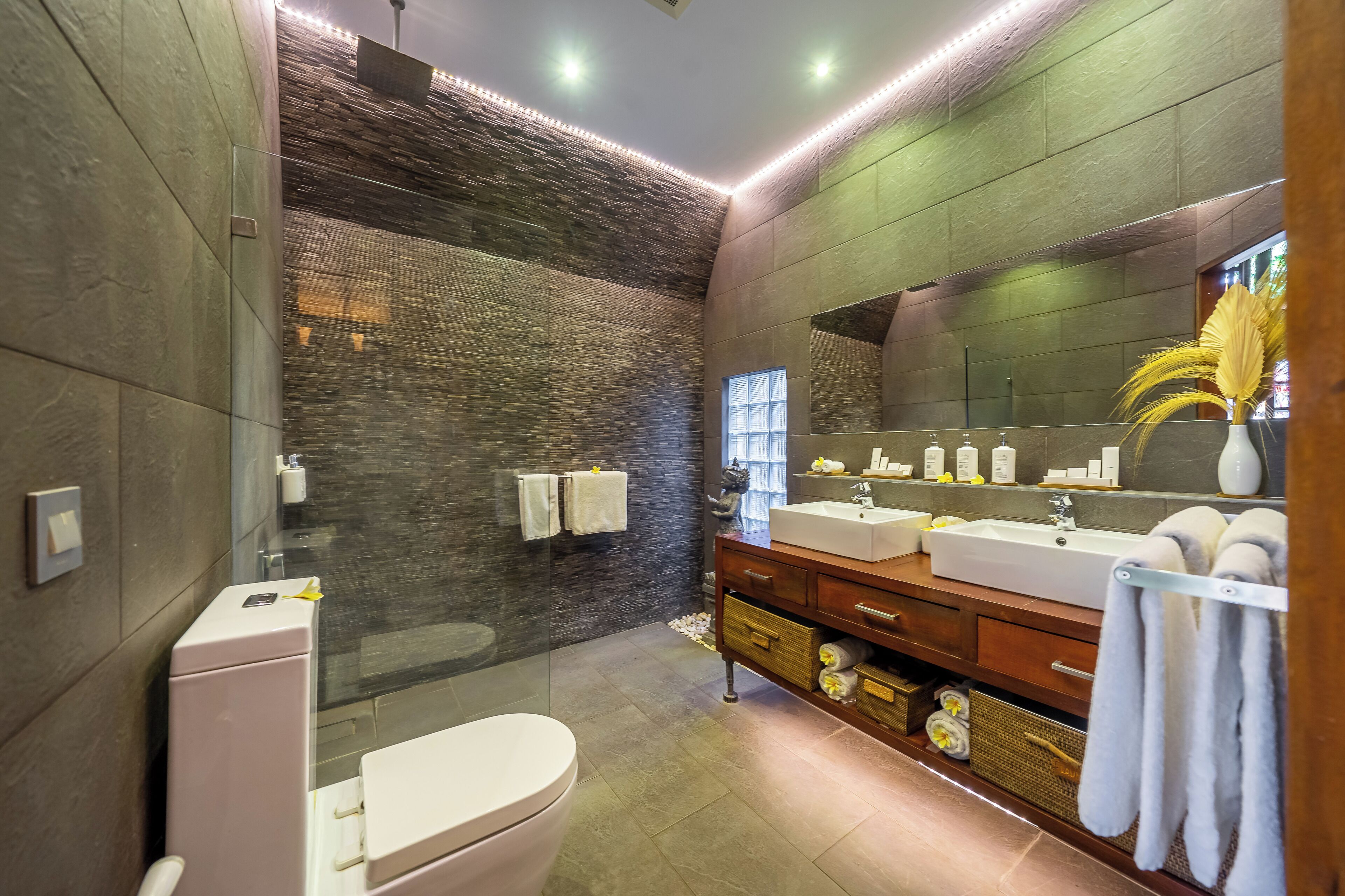 shower, rainfall showerhead, designer toiletries, hair dryer