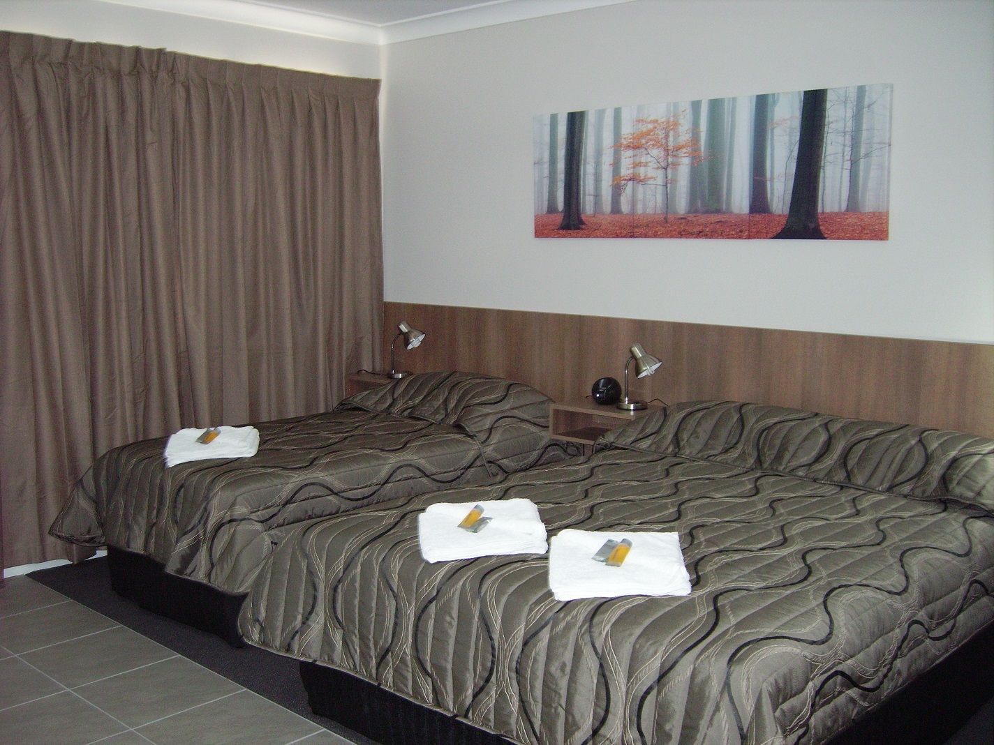 A hotel room with a large bed, two bedside tables, a wall-mounted lamp, and a painting of a forest scene.