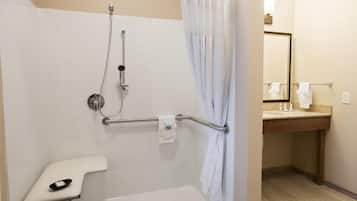 Un baño con ducha, barra de apoyo, inodoro y lavabo con espejo.