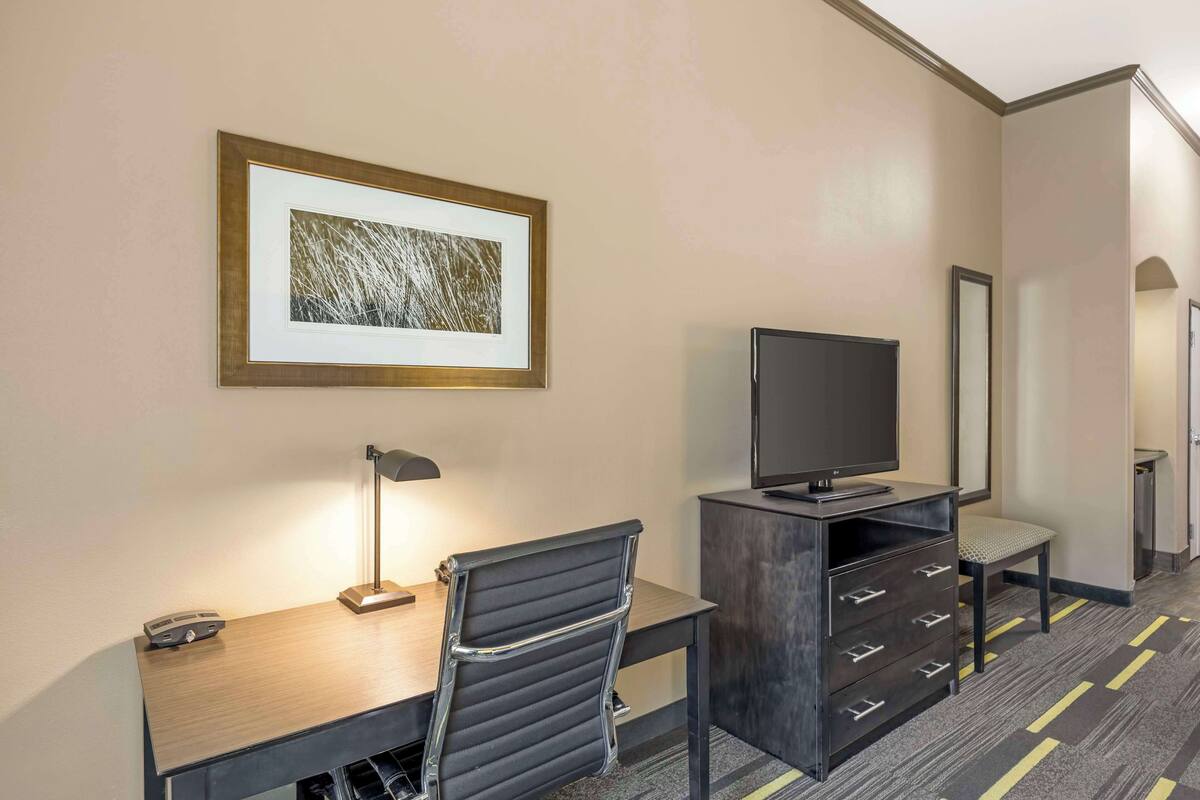 A hotel room with a desk, chair, television, and a framed picture on the wall.