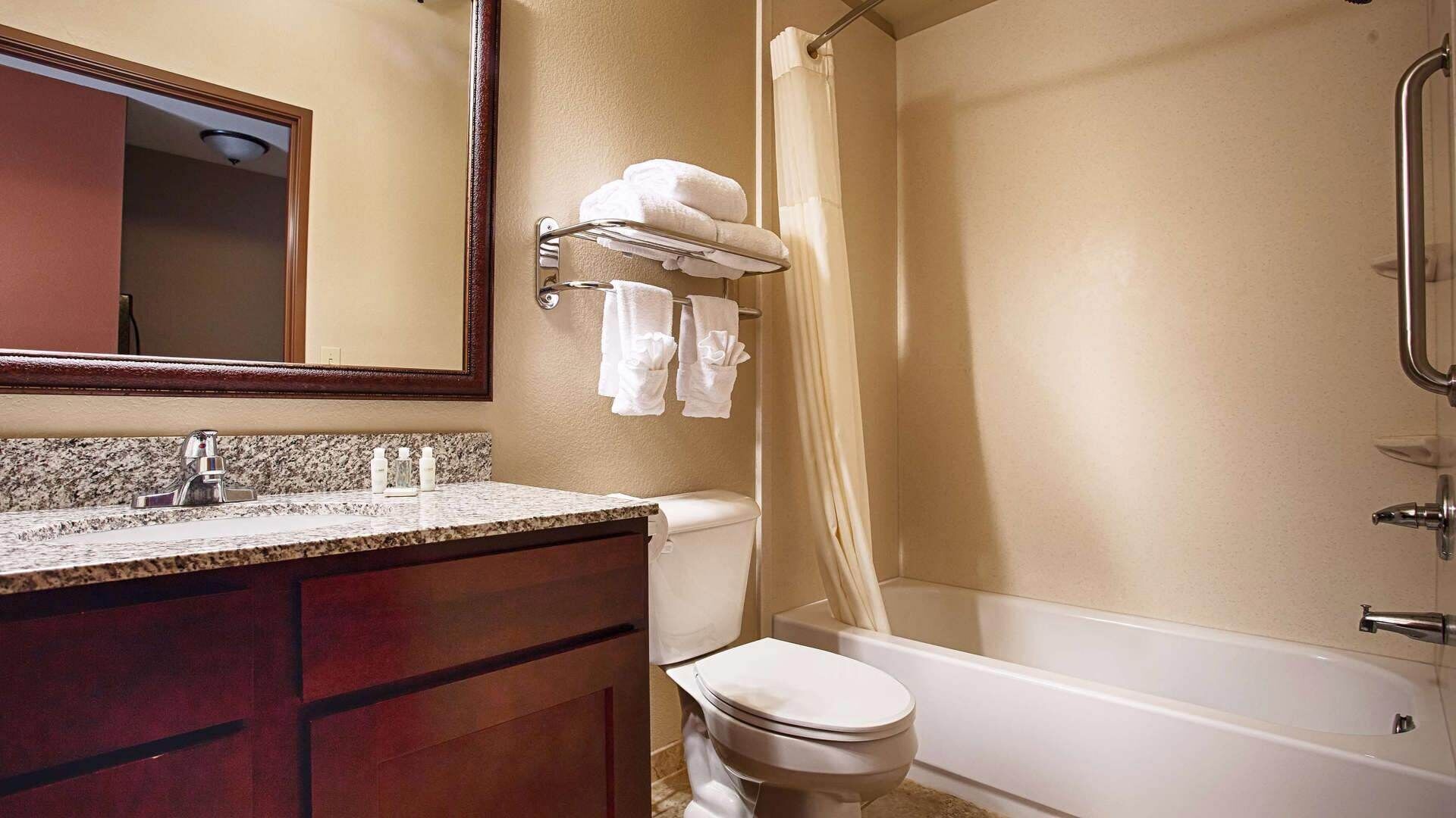 Bathroom | Combined shower/bathtub, free toiletries, hair dryer, towels