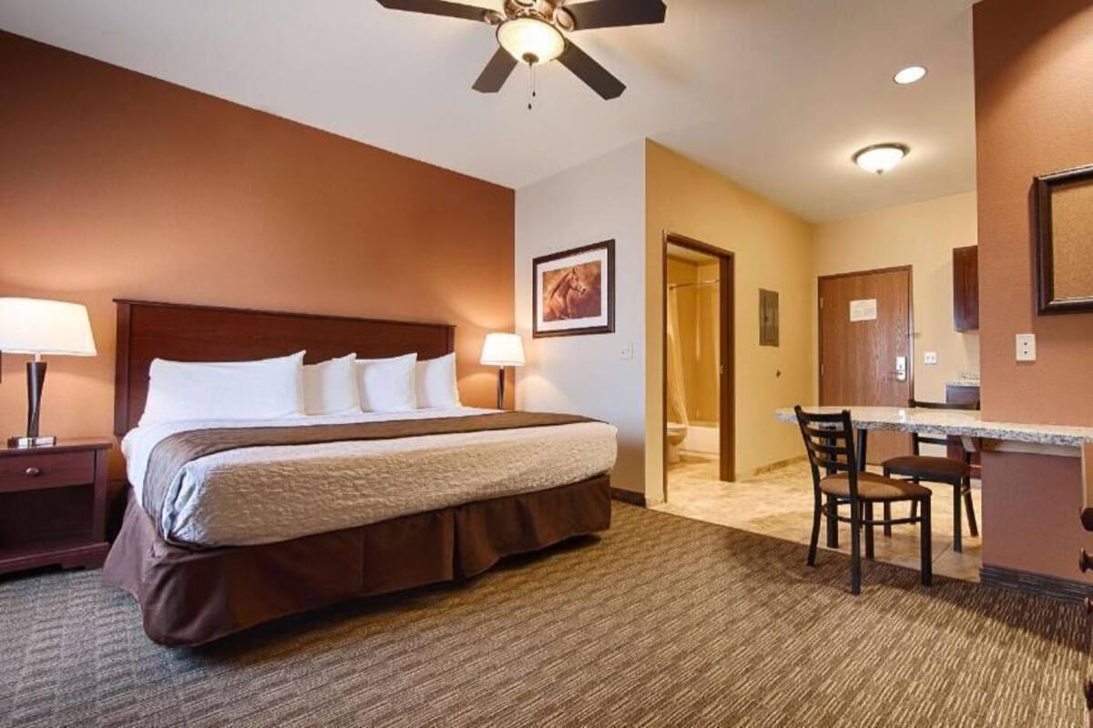 A hotel room with a bed, desk, chair, and a ceiling fan.