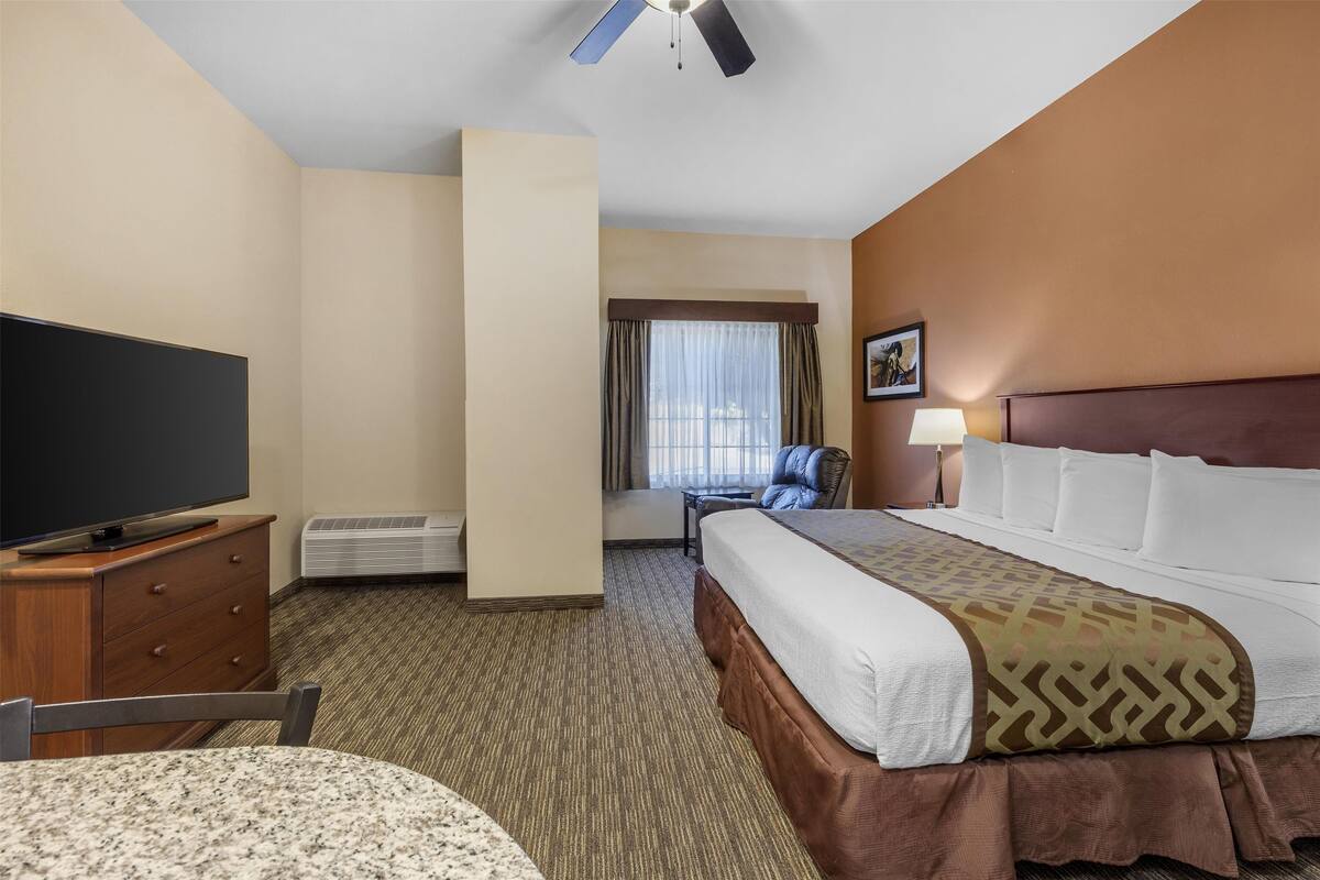 A hotel room with a bed, a television, a desk, and a chair.