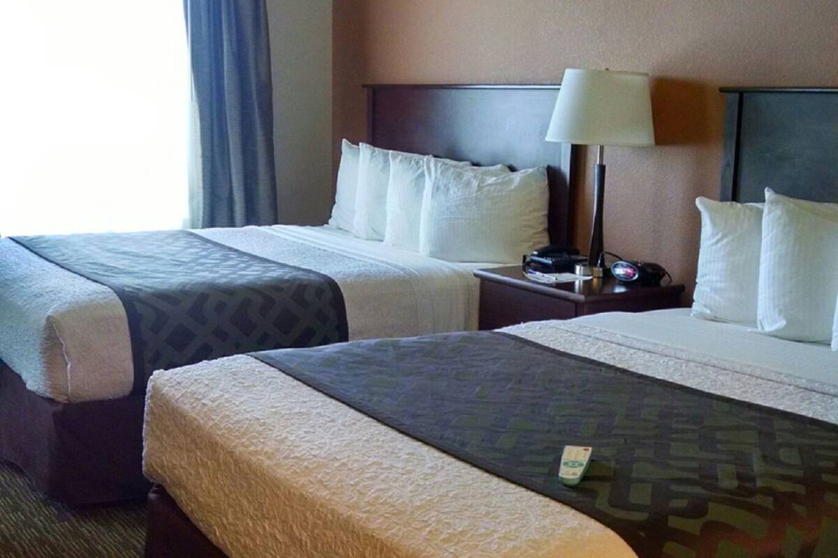 A hotel room with two beds, a nightstand with a lamp, and a large window with curtains.