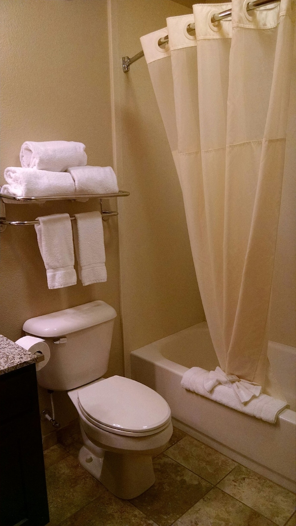 Tina con regadera, amenidades de baño gratuitas, secadora de cabello